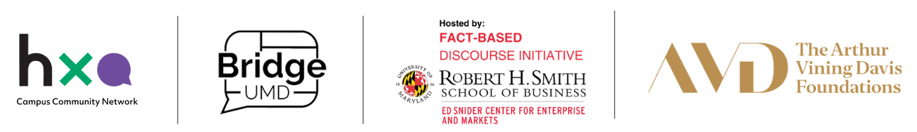 Logos of Campus Community Network (HXQ), Bridge UMD, the University of Maryland Robert H. Smith School of Business (Fact-Based Discourse Initiative and Ed Snider Center for Enterprise and Markets), and The Arthur Vining Davis Foundations.