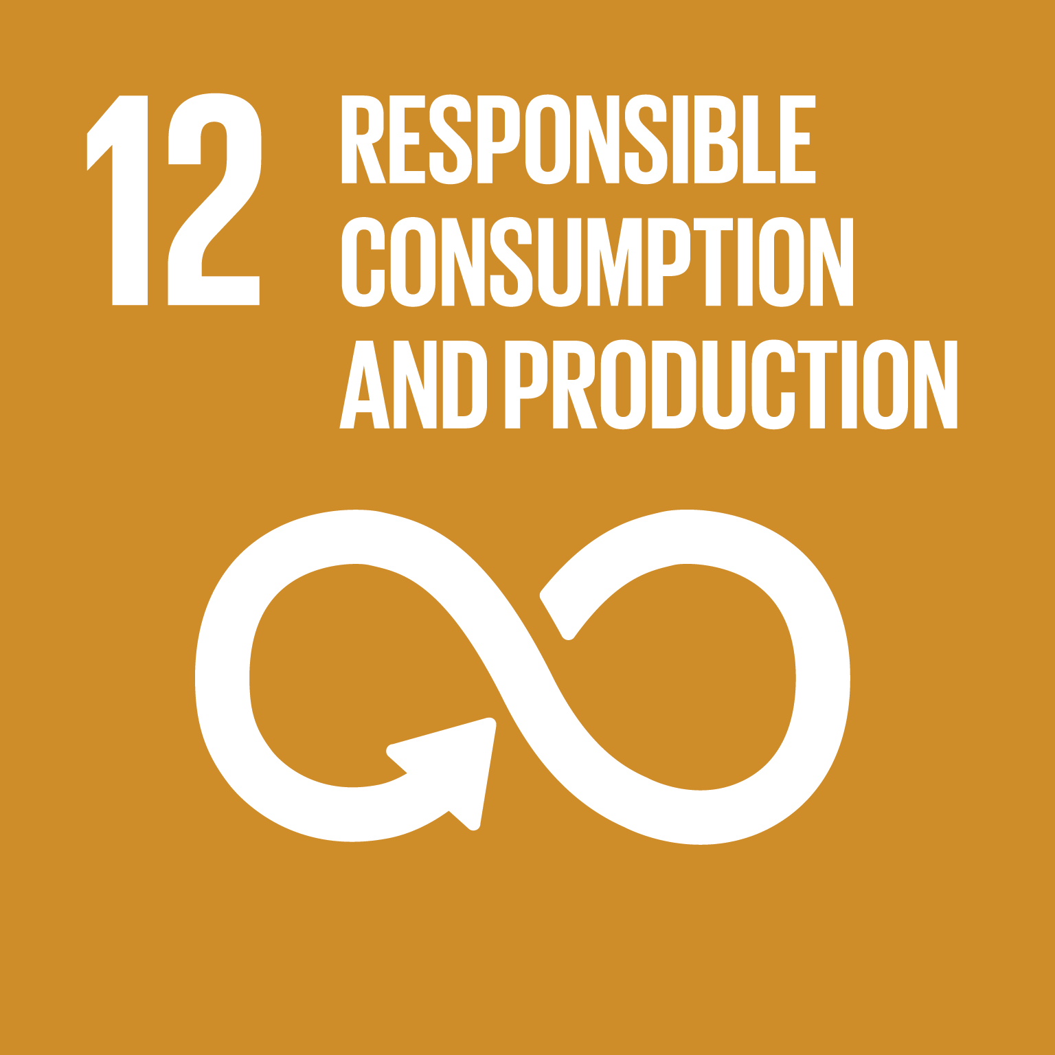 United Nations Sustainable Development Goal 12 icon for Responsible Consumption and Production, featuring the number 12, the text "Responsible Consumption and Production," and a white infinity loop with an arrow on a mustard-yellow background.
