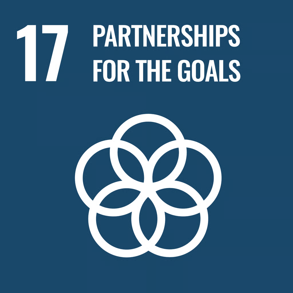 United Nations Sustainable Development Goal 17 icon for Partnerships for the Goals, featuring the number 17, the text "Partnerships for the Goals," and a white interlocking circles symbol on a dark blue background.