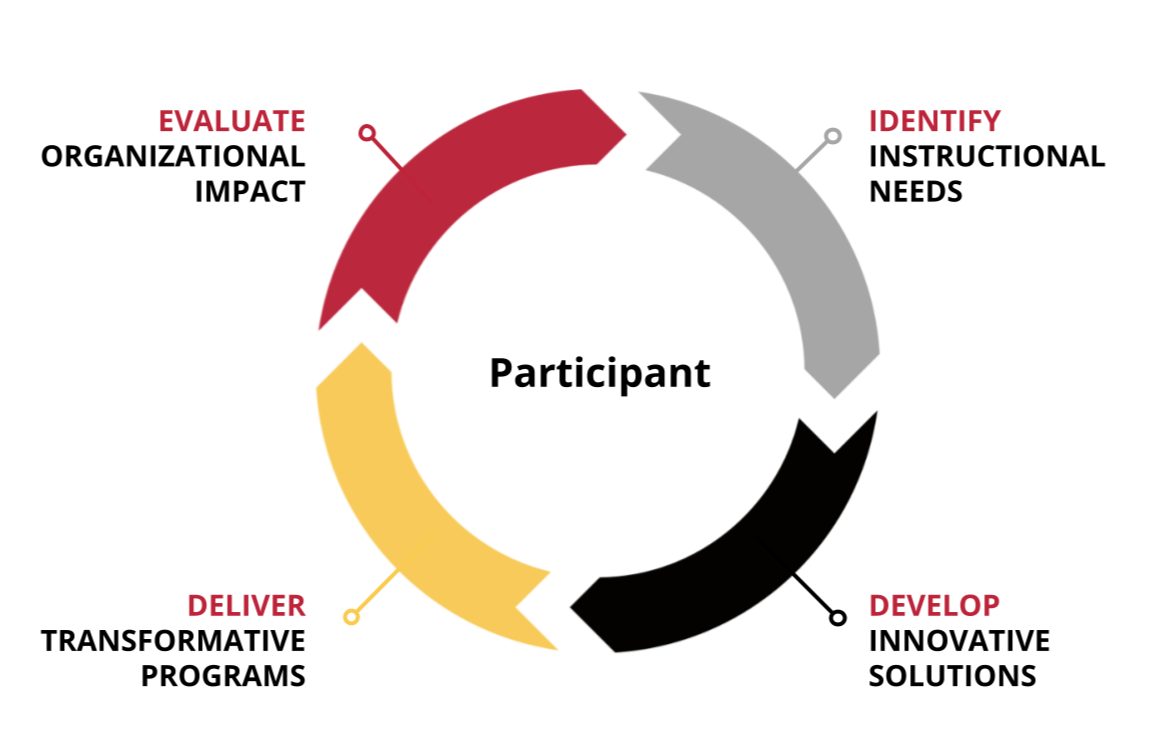 Wheel with "Participant" surrounded by "Identify Instructional Needs, Develop innovative solutions, Deliver transformatice programs, Evaluate organizational impact"