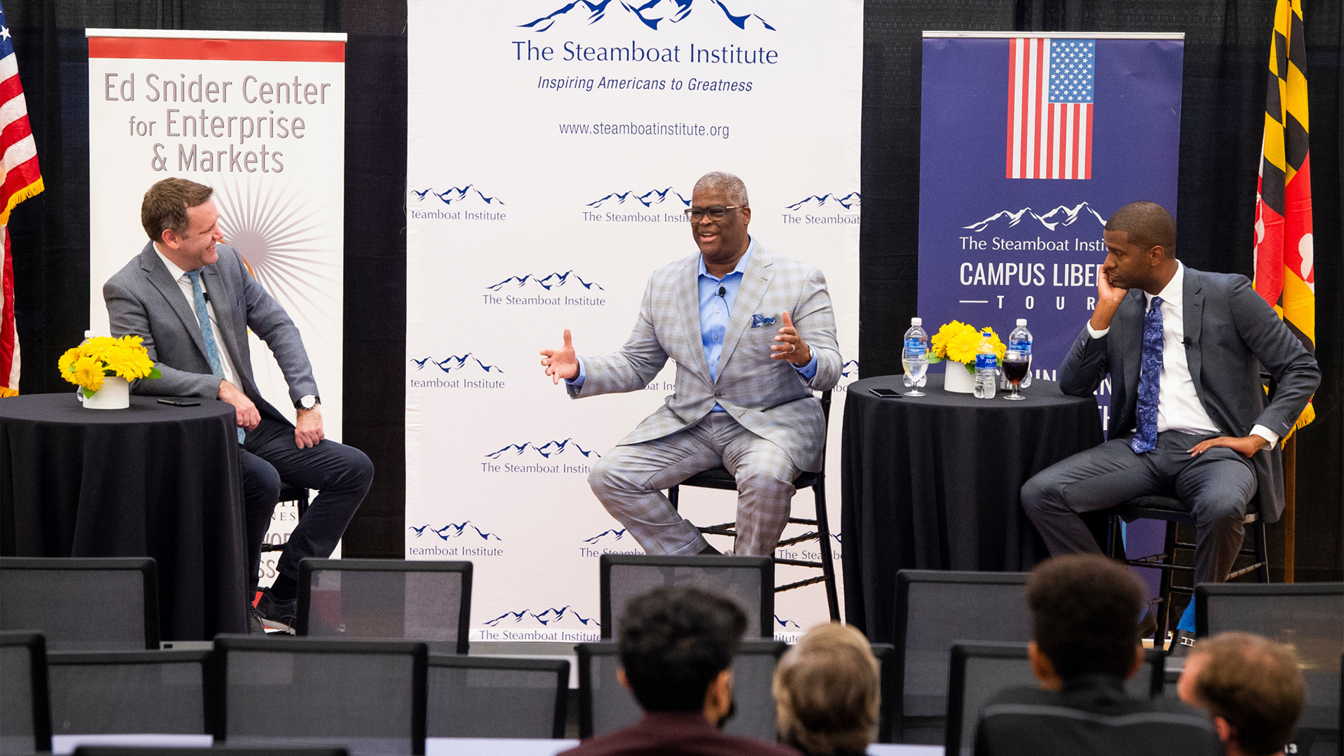 l-r: Tom Rogan, commentary editor at The Washington Examiner and a Steamboat Institute Tony Blankley Fellow, Charles Payne, host of "Making Money" on Fox Business Network, Bakari Sellers, CNN political commentator