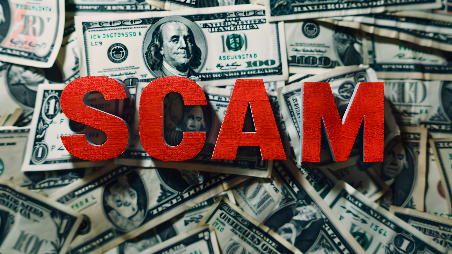 A photo of a pile of currency notes with the word Scam graphically imposed on top in big bold red letters.