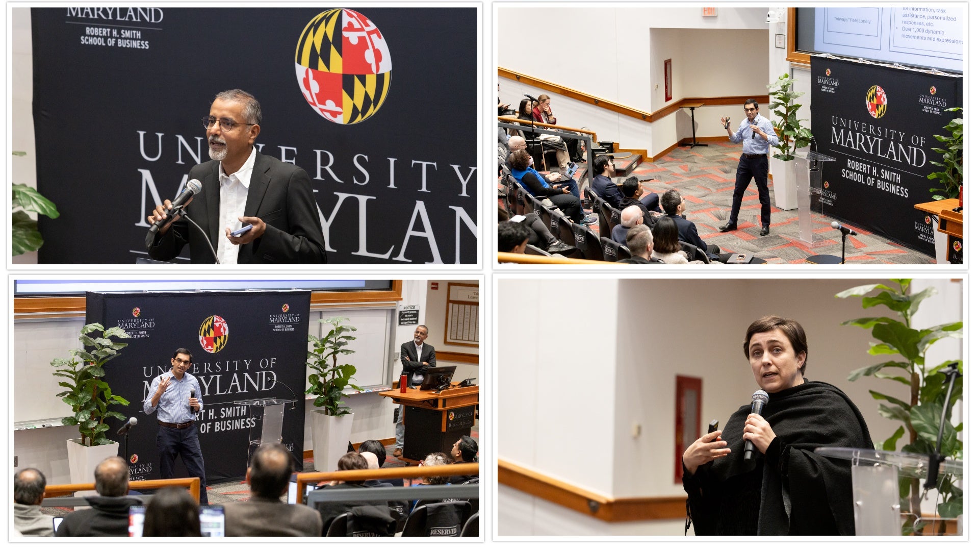 A collage of speakers presenting at the AI Lightning Talks at UMD’s Robert H. Smith School of Business, featuring faculty addressing an engaged audience in Frank Auditorium.