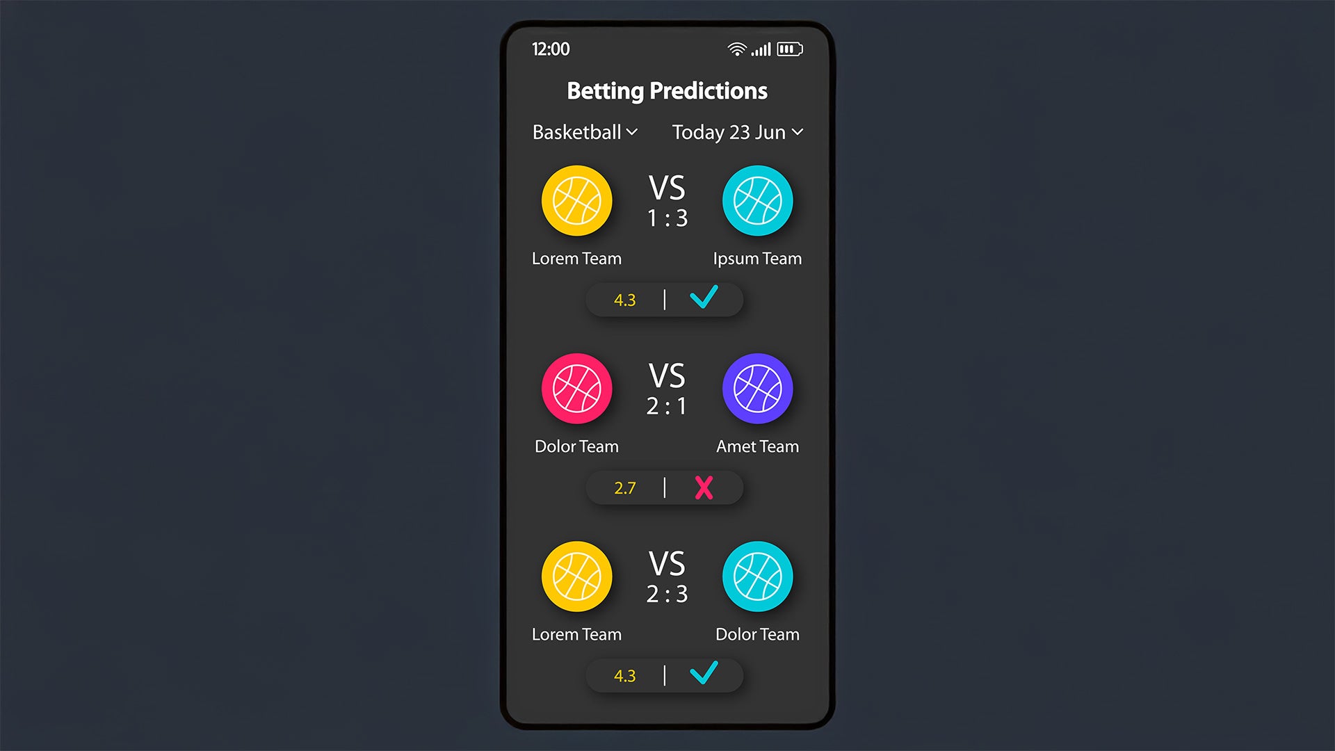 Mobile app interface showing basketball betting predictions. The screen lists three matchups with team names (Lorem Team vs Ipsum Team, Dolor Team vs Amet Team, Lorem Team vs Dolor Team), scores, odds (4.3 or 2.7), and check or cross icons indicating correct or incorrect predictions.