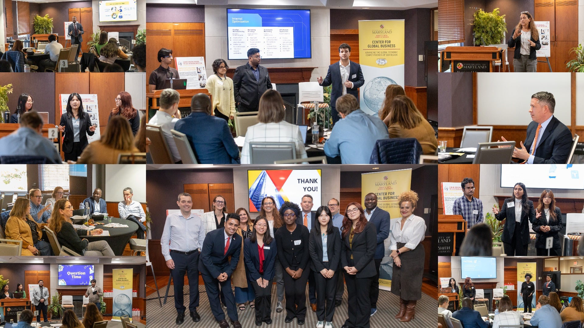 A collage of photos from the University of Maryland’s Center for Global Business Careers Crossing Borders Case Interview Competition. Students present case analyses, speak to judges, collaborate in teams, and pose with faculty, judges, and peers during the event.