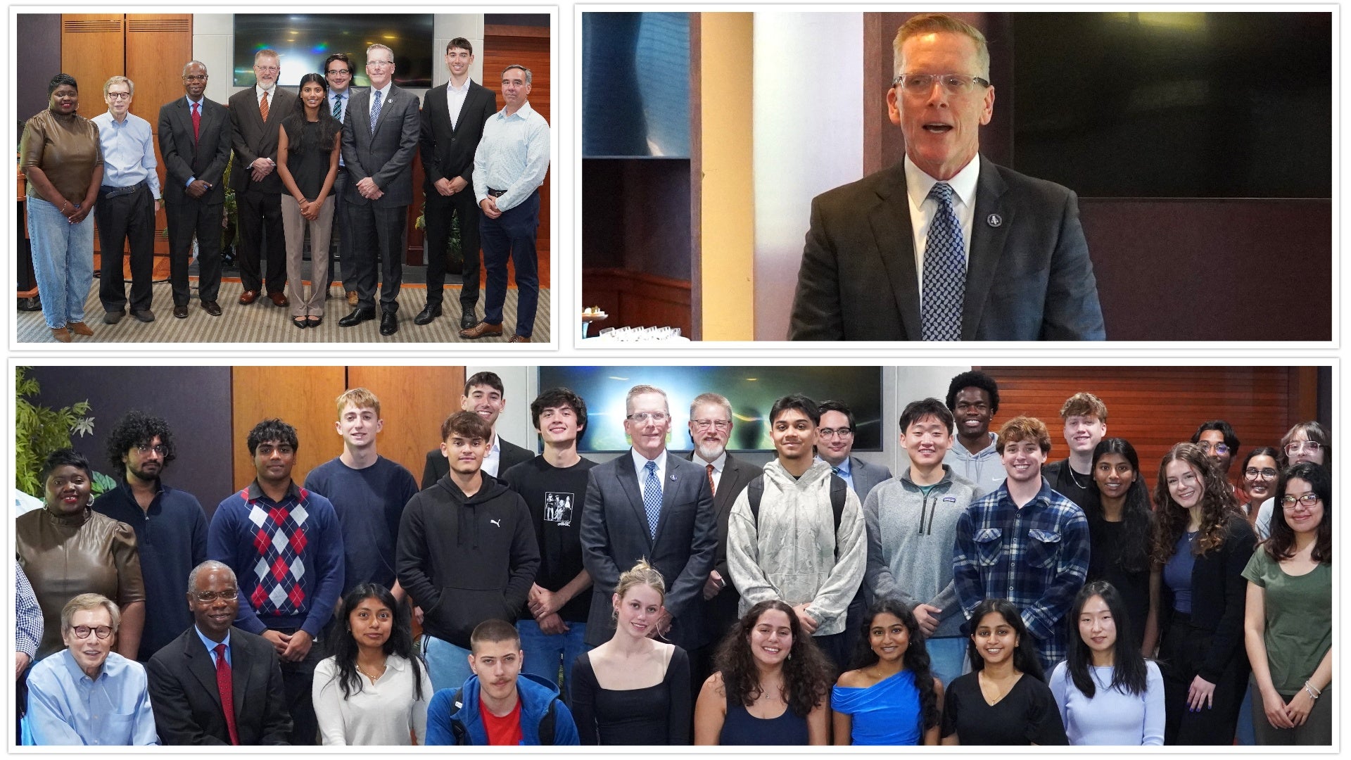 A collage of three photos from the University of Maryland’s Justice for Fraud Victims partnership event. The top-left image shows faculty, mentors, and student volunteers from the Robert H. Smith School of Business standing together in a group photo. The top-right image features a speaker in a suit addressing attendees indoors. The bottom image shows a large group of students, faculty, and mentors posing together, smiling after the ceremony.