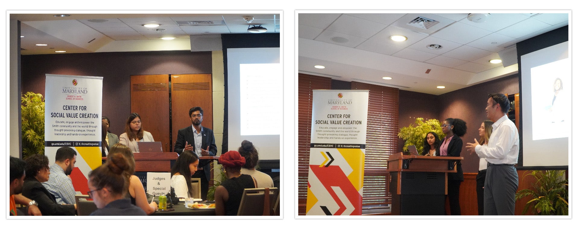 Two student teams present consulting projects at the University of Maryland’s Robert H. Smith School of Business. Both groups stand at a podium beside a “Center for Social Value Creation” banner while speaking to judges and guests during an experiential learning event.