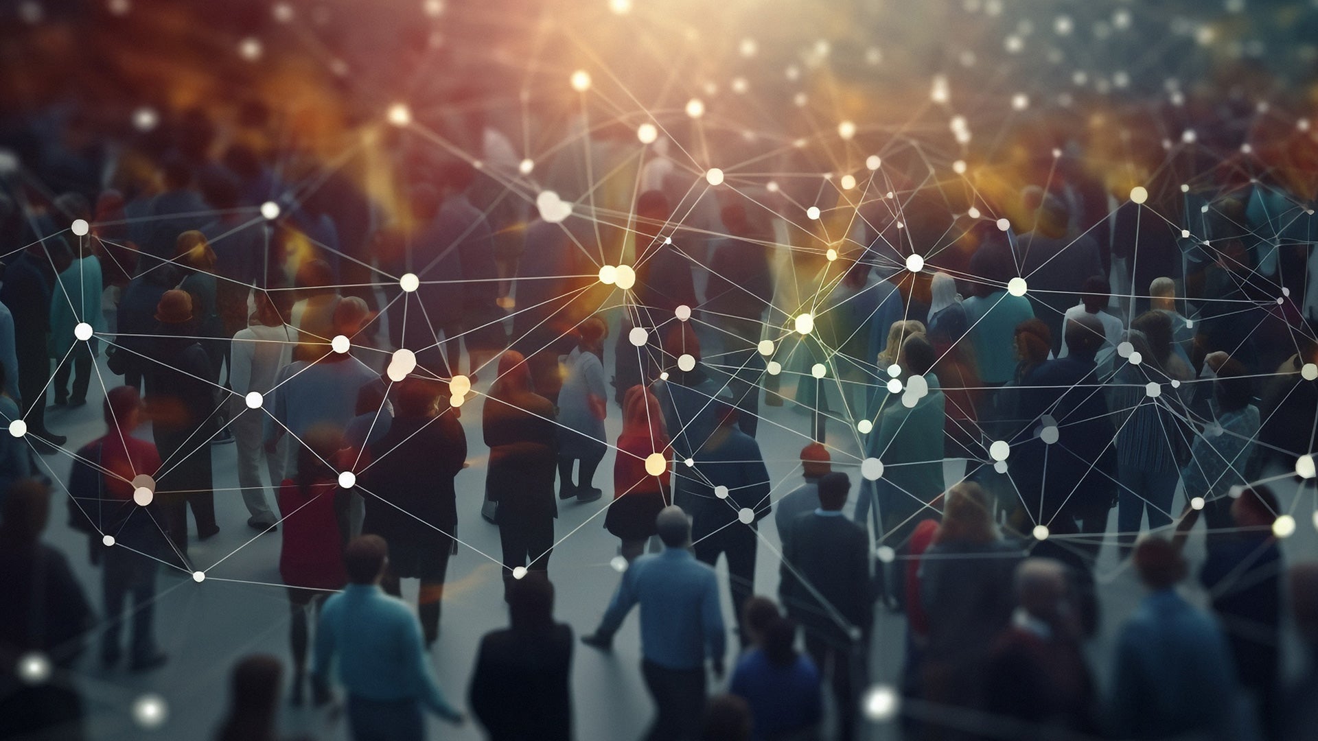 Illustration of a crowd connected by digital network lines, symbolizing social connection and data interaction. The image represents the intersection of technology, communication, and human relationships in modern society.