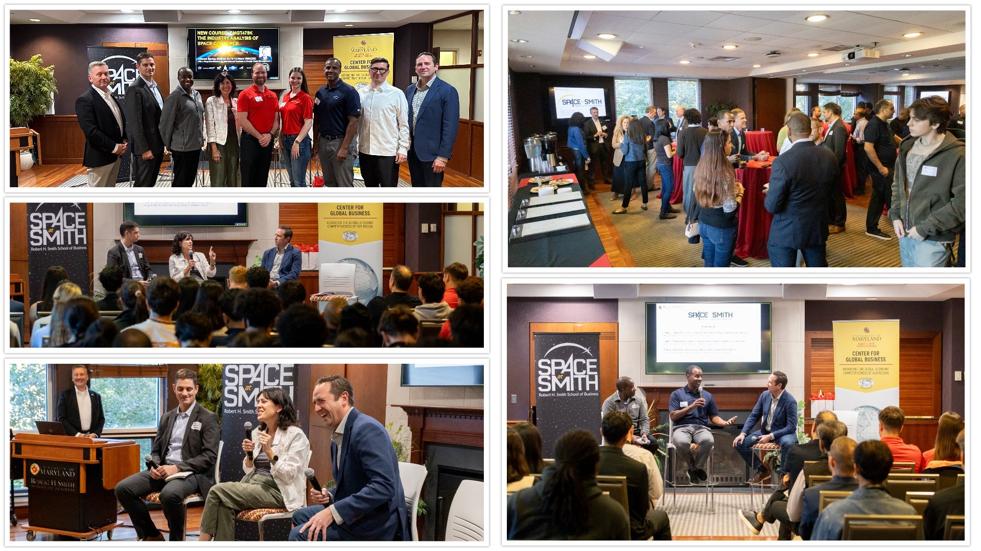 Group photos and panel discussions from the Space at Smith Symposium at UMD’s Robert H. Smith School of Business, showing faculty, alumni, and students networking, speaking onstage, and engaging in conversations about the intersection of business, innovation, and the space economy.