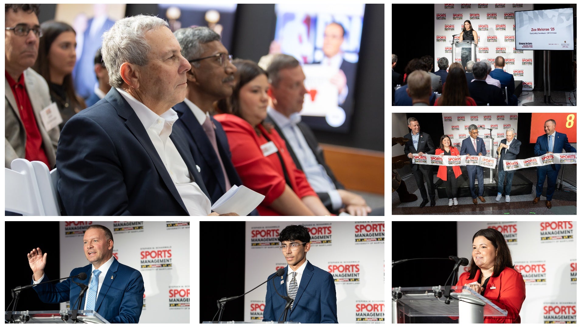 A collage of photos from the dedication ceremony of the Stephen M. Schanwald Sports Management Program at the University of Maryland’s Robert H. Smith School of Business. Images show Steve Schanwald seated in the audience, speakers addressing attendees, and university leaders—including Dean Prabhudev Konana—joining Schanwald for a ribbon-cutting celebration.