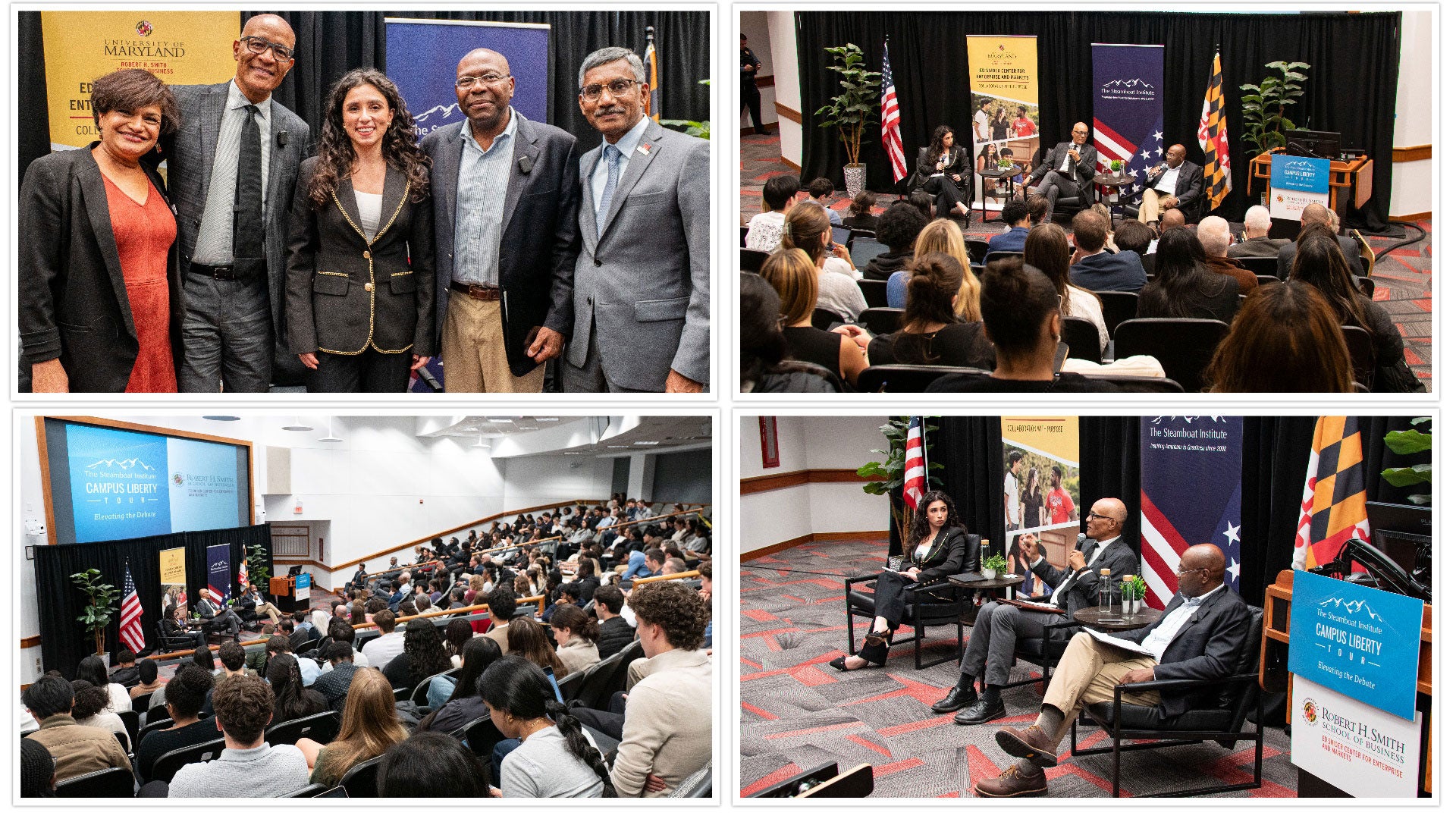 A collage of photos from UMD’s Smith School DEI debate, showing speakers, panel discussions, and a full audience during the Steamboat Institute Campus Liberty Tour event.