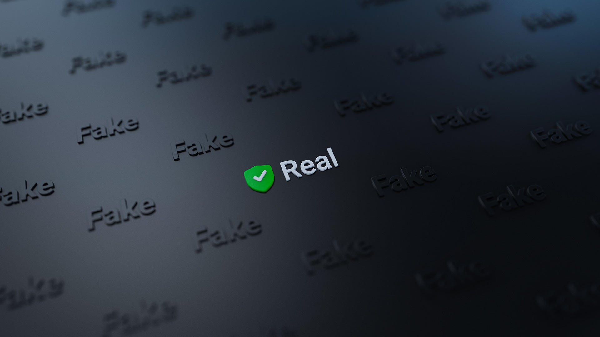 A digital graphic showing the word “Real” with a green shield and checkmark surrounded by multiple faded “Fake” words, symbolizing authenticity verification amid widespread falsity or misinformation.