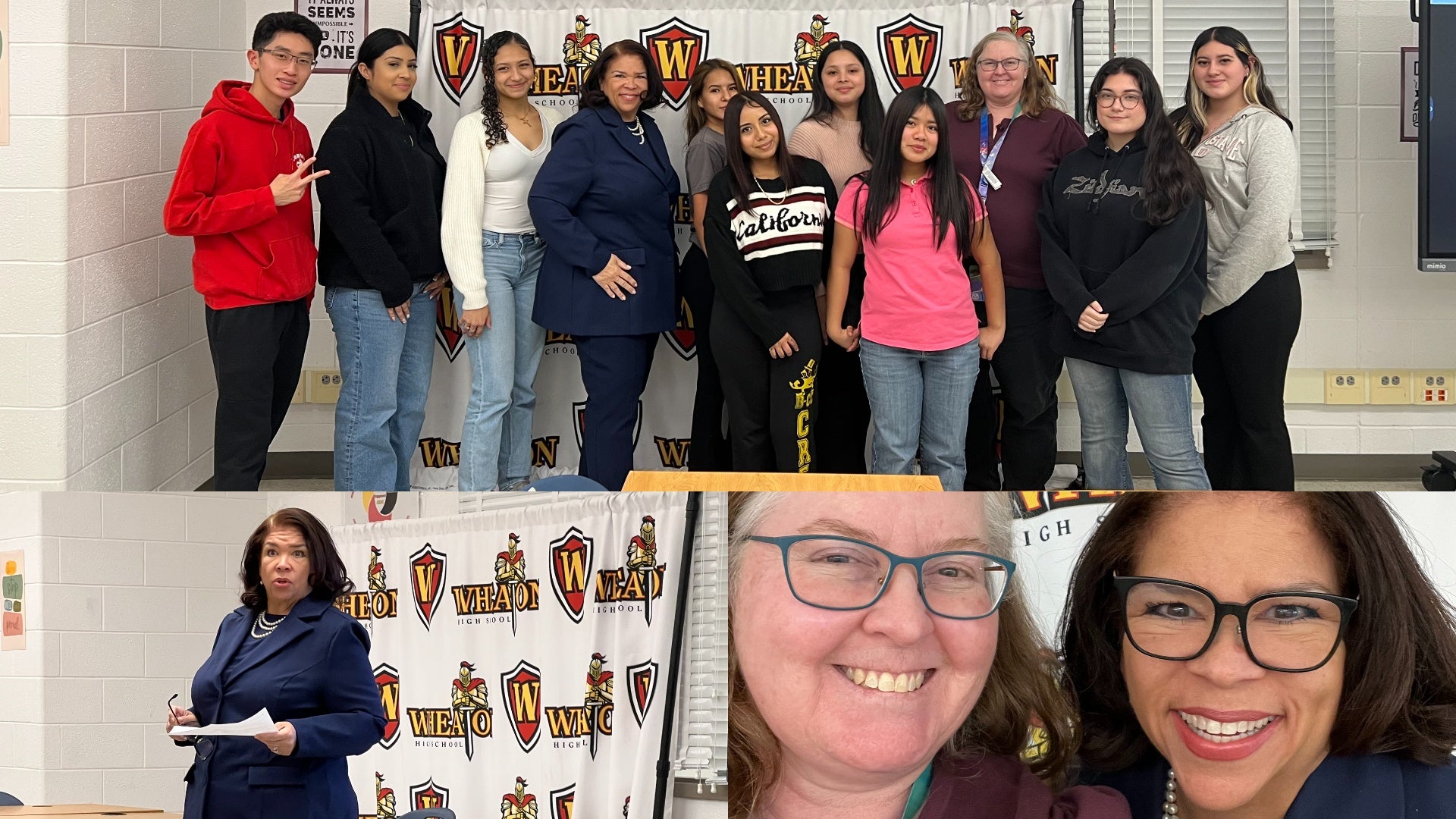 Three photos show Kimberly Rice DeGross from the University of Maryland’s Robert H. Smith School of Business visiting Wheaton High School. The top image features DeGross and Kimberly Gustin, Wheaton’s internship coordinator, posing with a group of students. The bottom left photo shows DeGross speaking to students in a classroom, and the bottom right photo shows Gustin and DeGross smiling together.