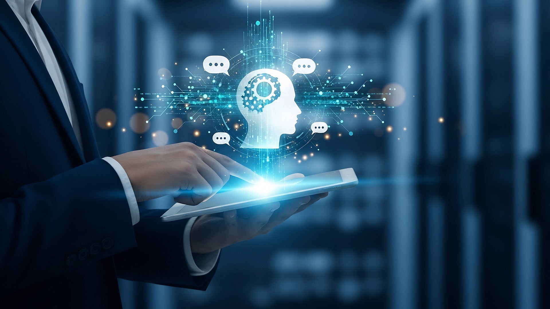 A business professional uses a digital tablet, with a glowing holographic interface displaying a human head filled with gears and data connections—symbolizing artificial intelligence, technology integration, and innovation in digital systems.