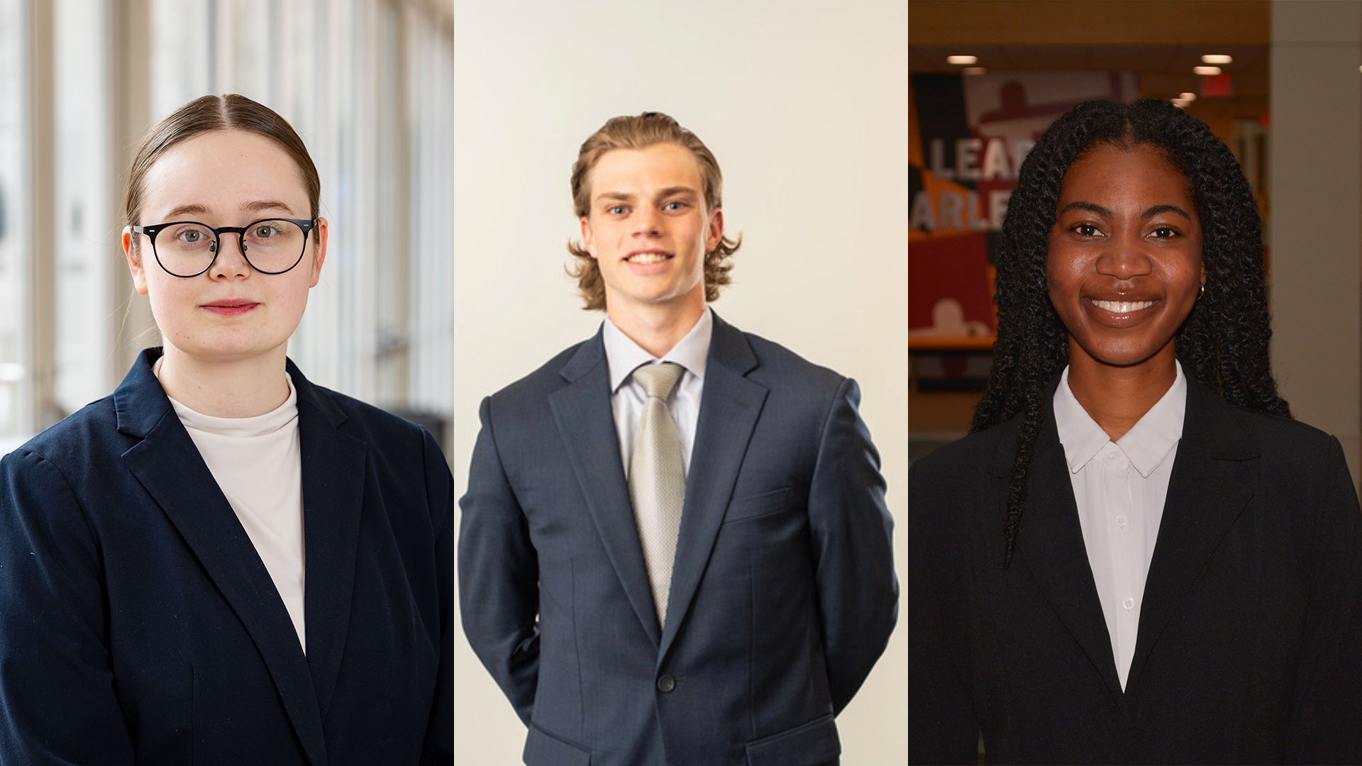 Urszula Cieslak, James Miller and Victoria Rush, three Robert H. Smith School of Business seniors honored as 2025 Philip Merrill Presidential Scholars at the University of Maryland, pose for portraits in professional attire.