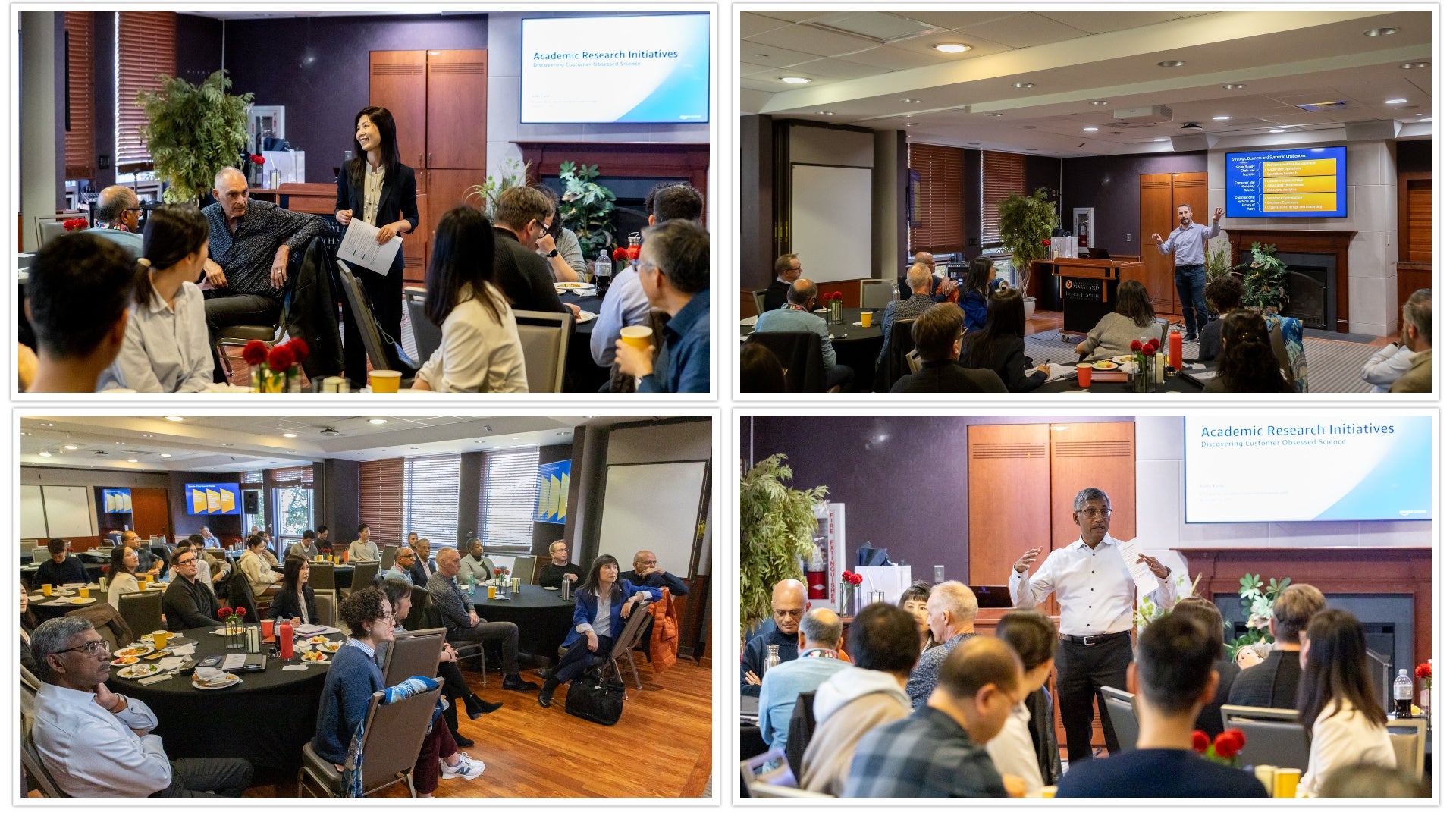 Collage of photos showing Smith School faculty and Amazon representatives discussing research collaborations during a meeting at Van Munching Hall, with presentations on academic research initiatives and attendees engaged in conversation.