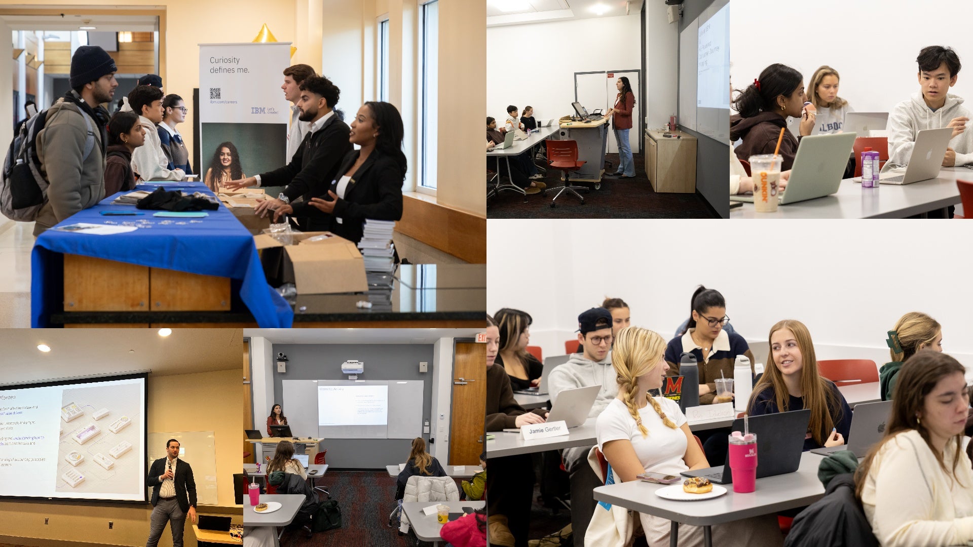 Collage of photos from IBM Day at UMD’s Smith School showing IBM reps leading classroom sessions, students engaging in discussions, and attendees visiting the IBM information table in Van Munching Hall.