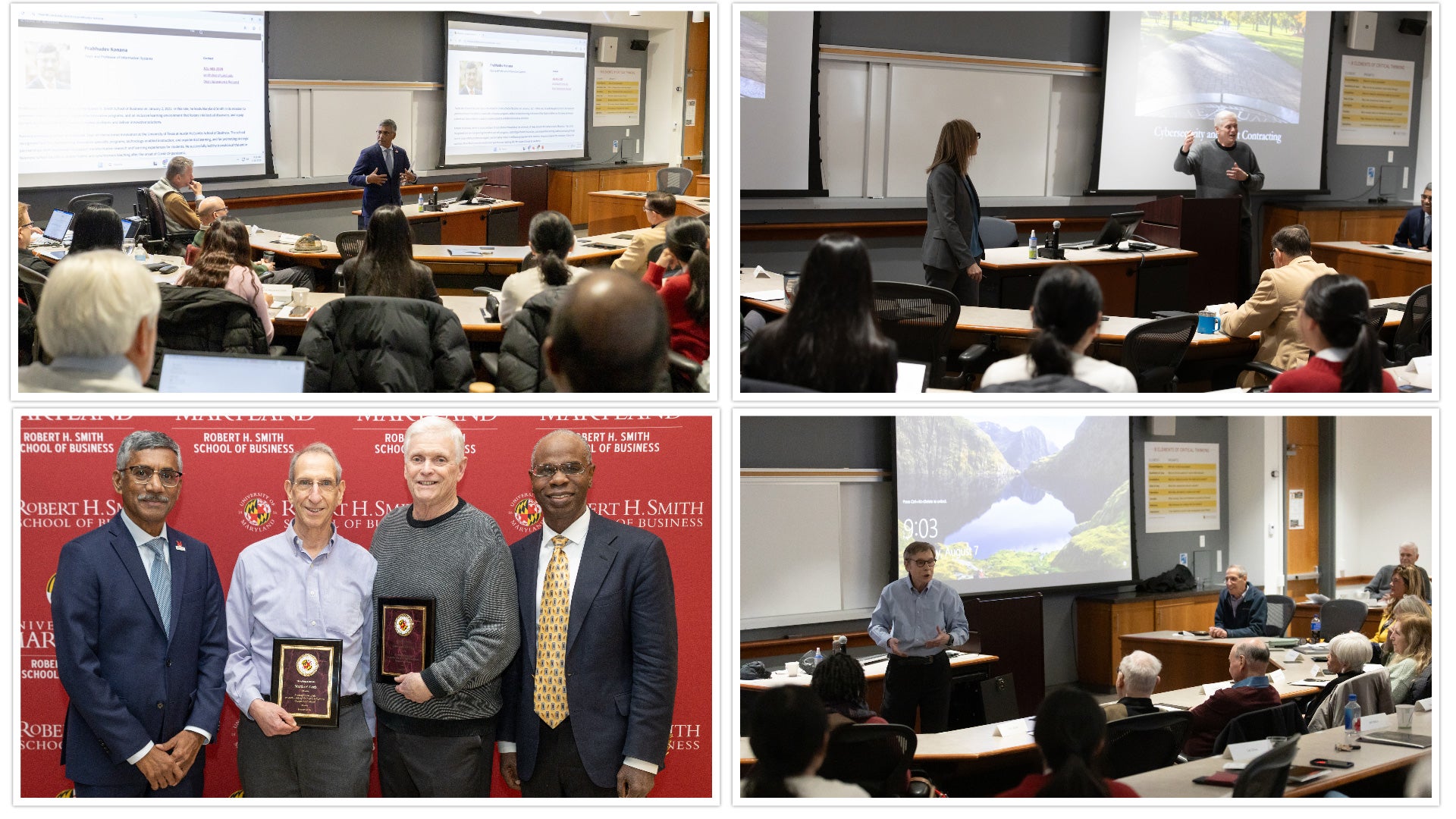 Cybersecurity forum speakers present to an audience, with faculty discussions and a group photo recognizing leaders at the University of Maryland Robert H. Smith School of Business.