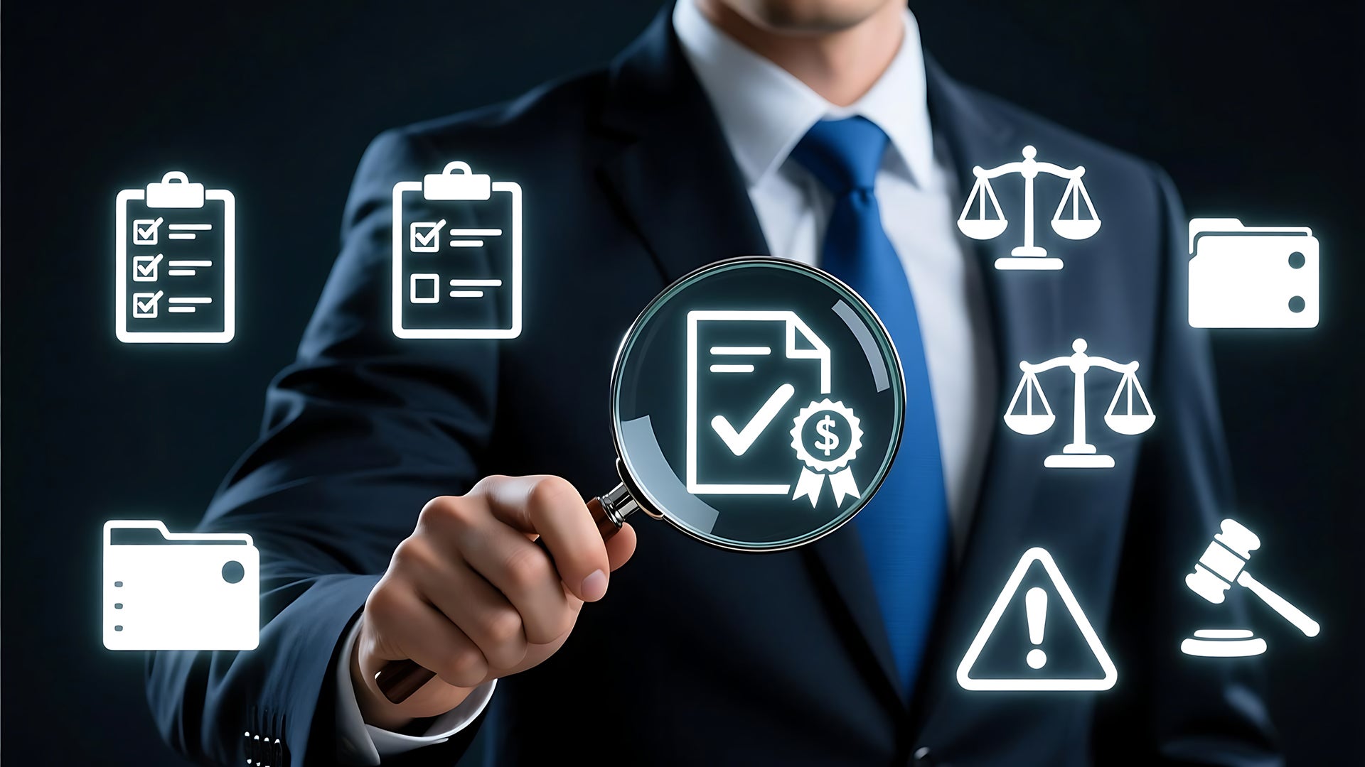 Business professional holding a magnifying glass over a compliance document icon, surrounded by symbols for ethics, law, auditing and accountability.
