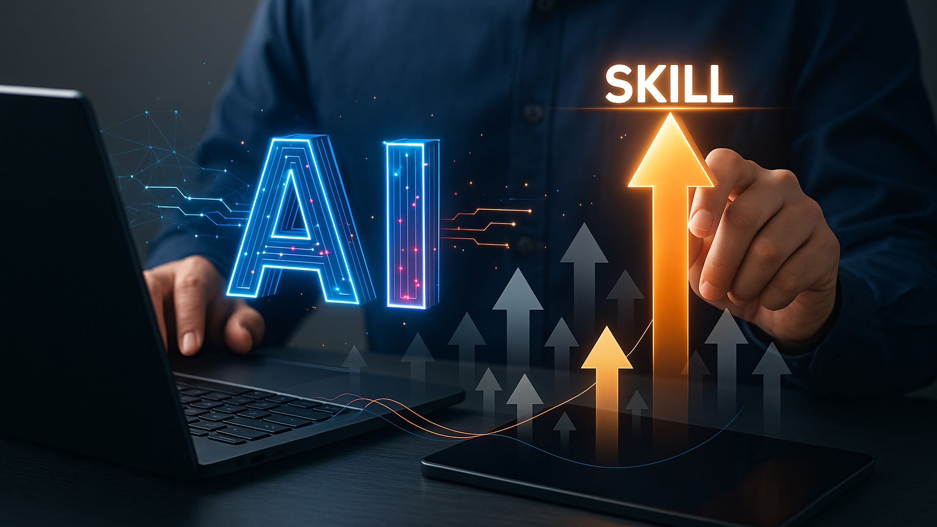 Person using a laptop and tablet with glowing “AI” text and upward arrows labeled “Skill,” symbolizing growth in artificial intelligence skills.