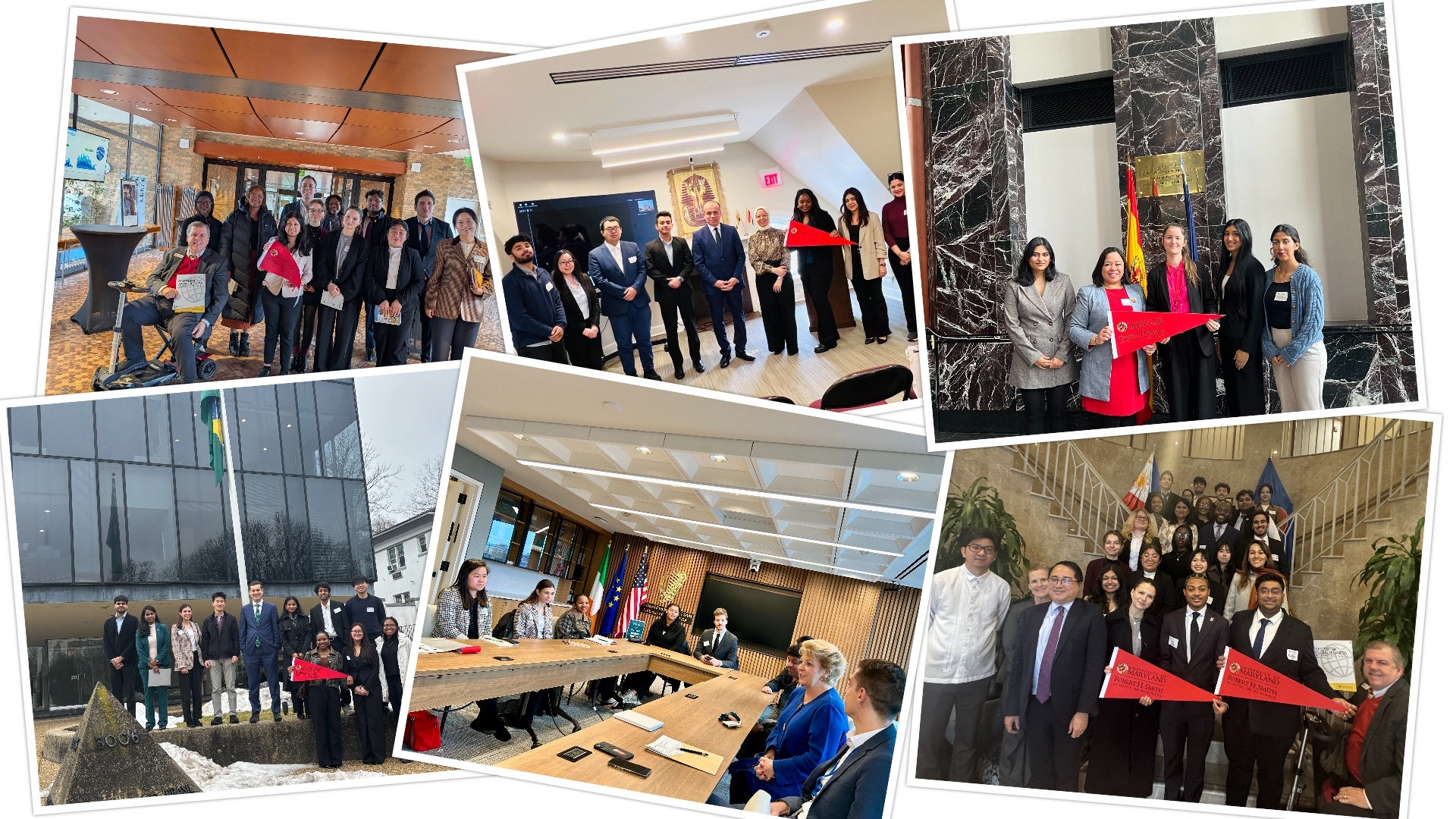 Collage of Robert H. Smith School of Business students visiting multiple embassies in Washington, D.C., posing with diplomats and participating in meetings during Embassy Day.
