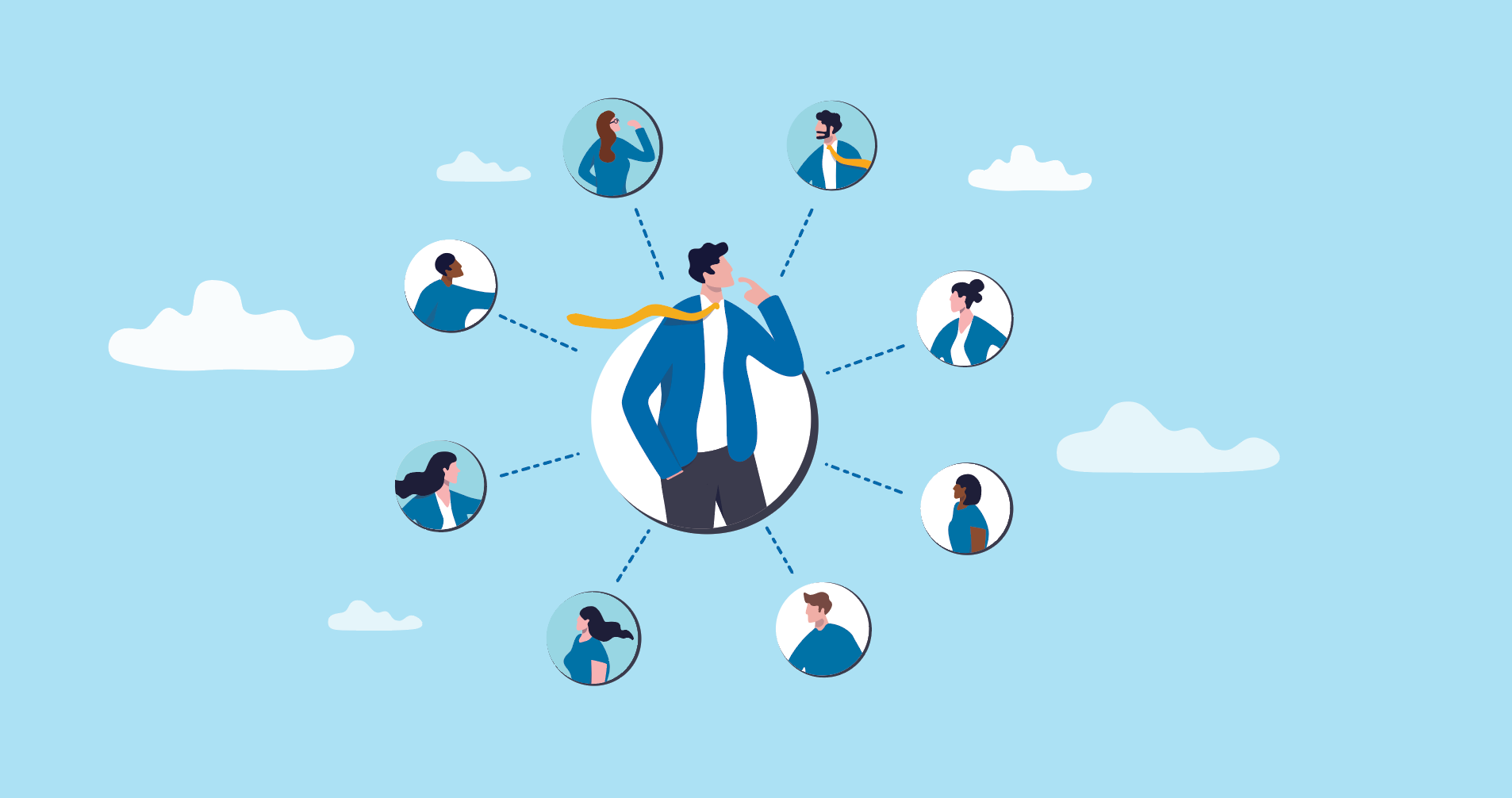 Illustration of a manager surrounded by team members representing 360-degree feedback.