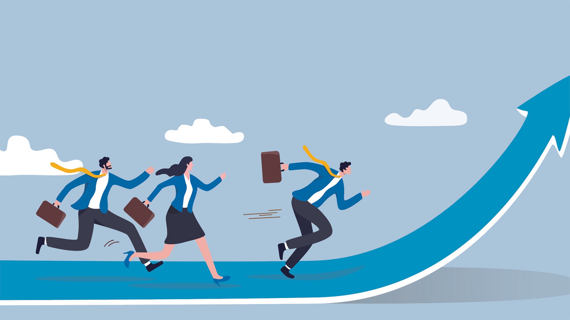 Illustration of professionals running uphill toward career advancement.