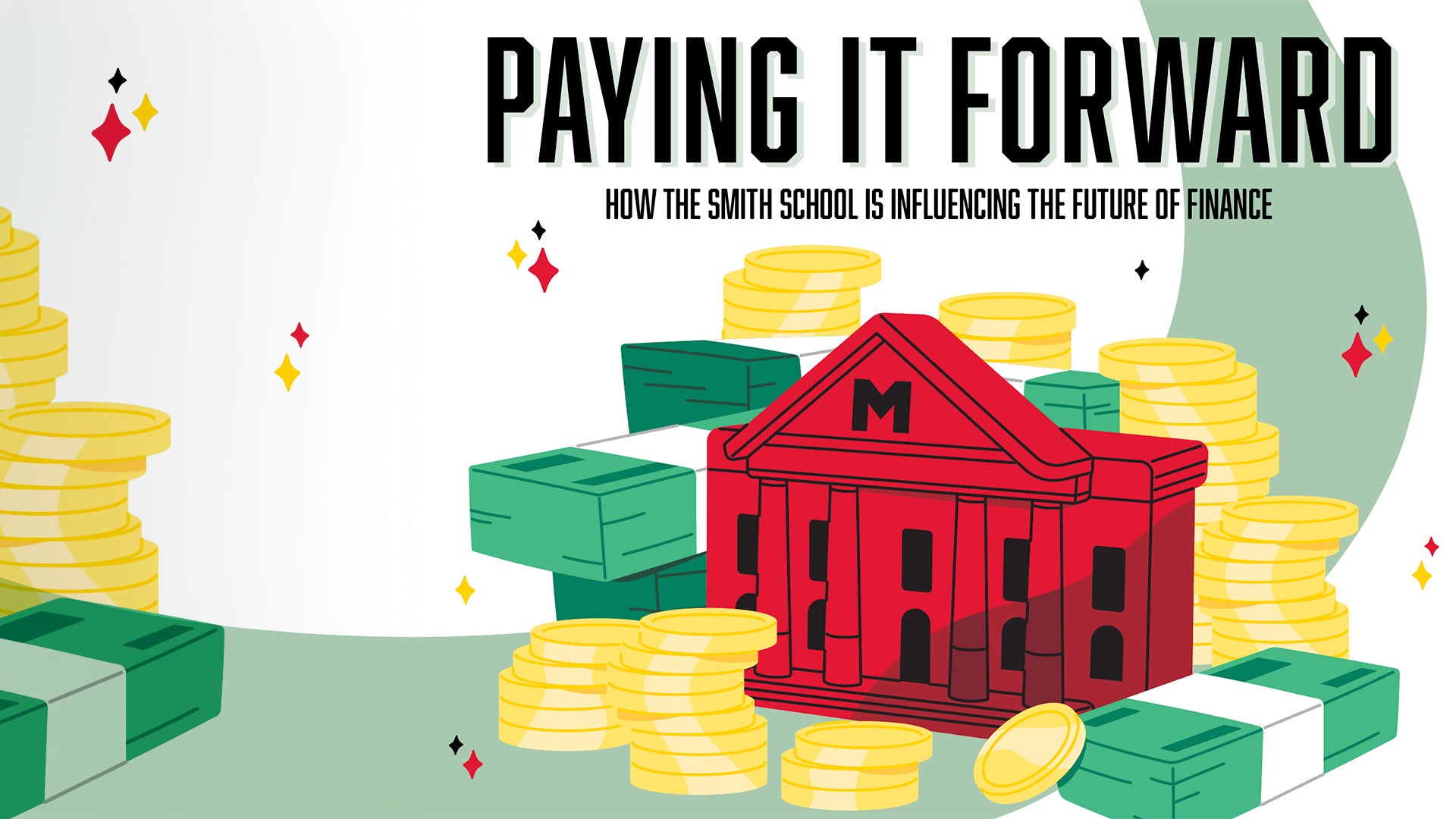 Illustration of a red bank building with coins and cash