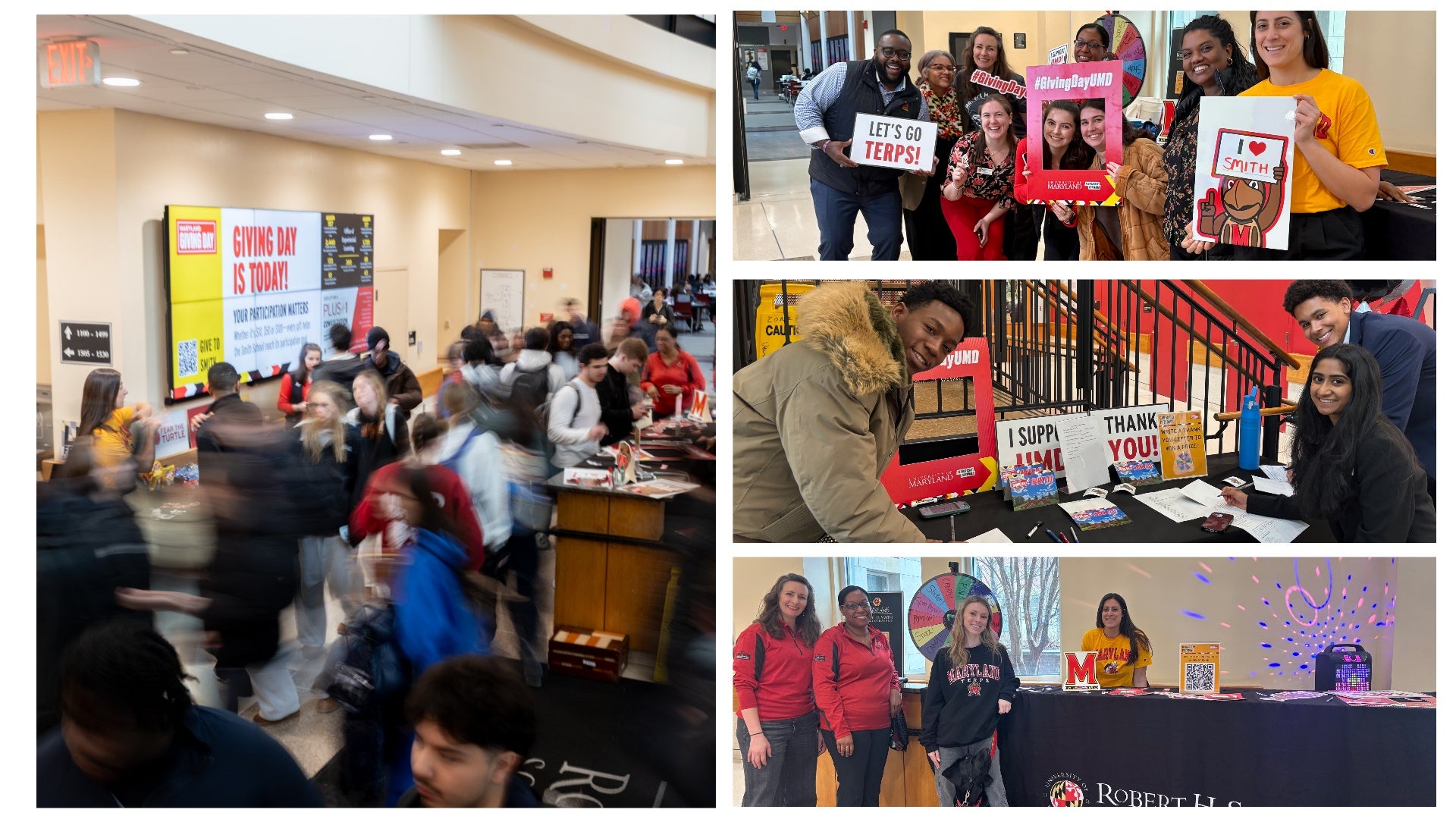 Students, faculty and alumni gather in Van Munching Hall for Giving Day, writing thank-you cards, holding signs and celebrating Smith School support.