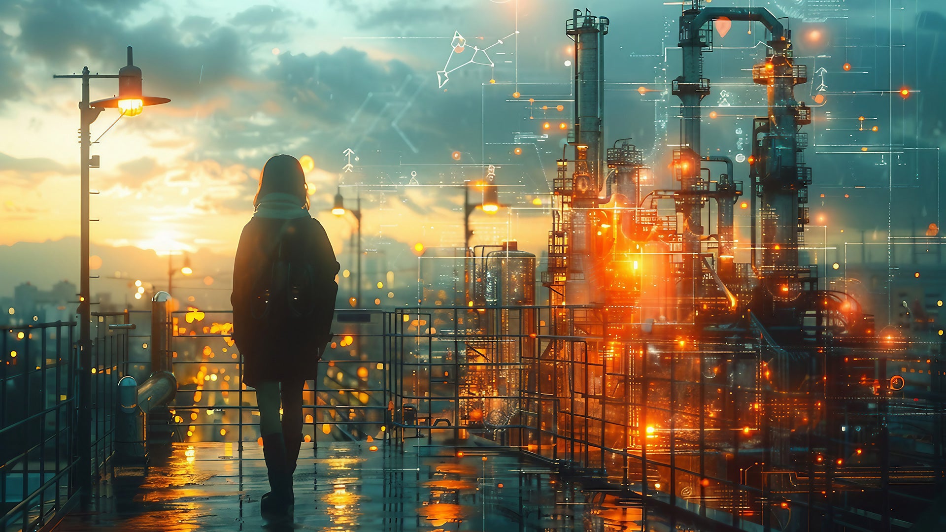 Person overlooking illuminated industrial facility with digital data overlays at sunset.