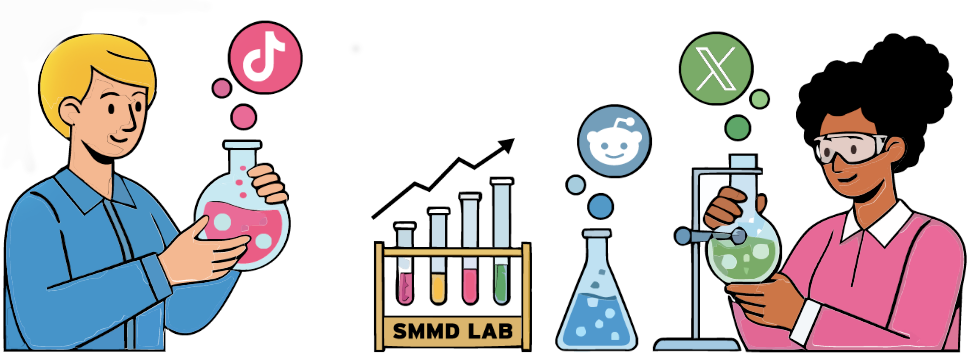 Illustration of two students in a lab labeled “SMMD Lab,” using flasks with social media icons (TikTok, Reddit, X) and a rising chart, symbolizing social media’s impact on markets.