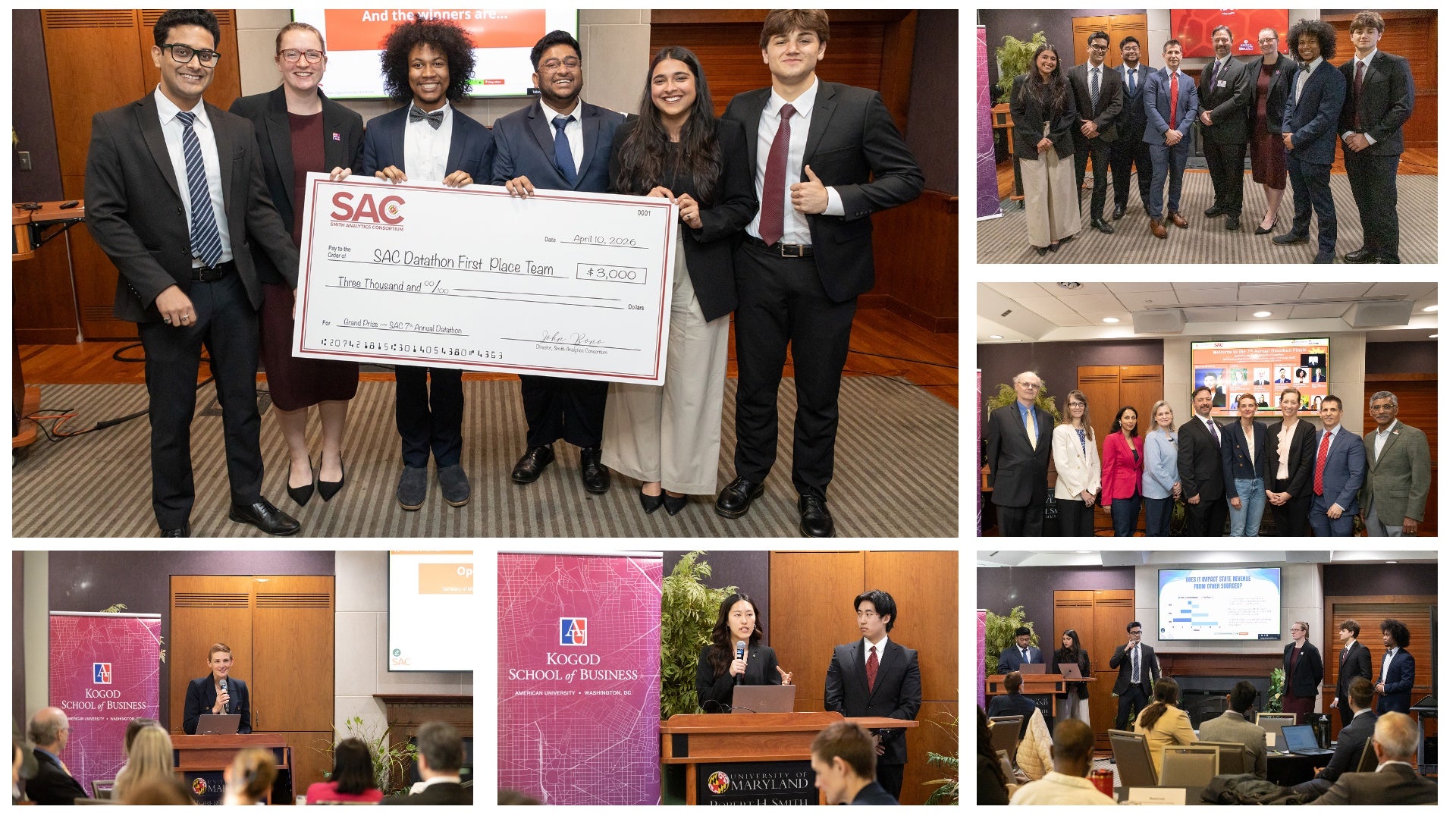 Students present projects and celebrate winners at UMD-AU datathon finale, including first-place team holding prize check