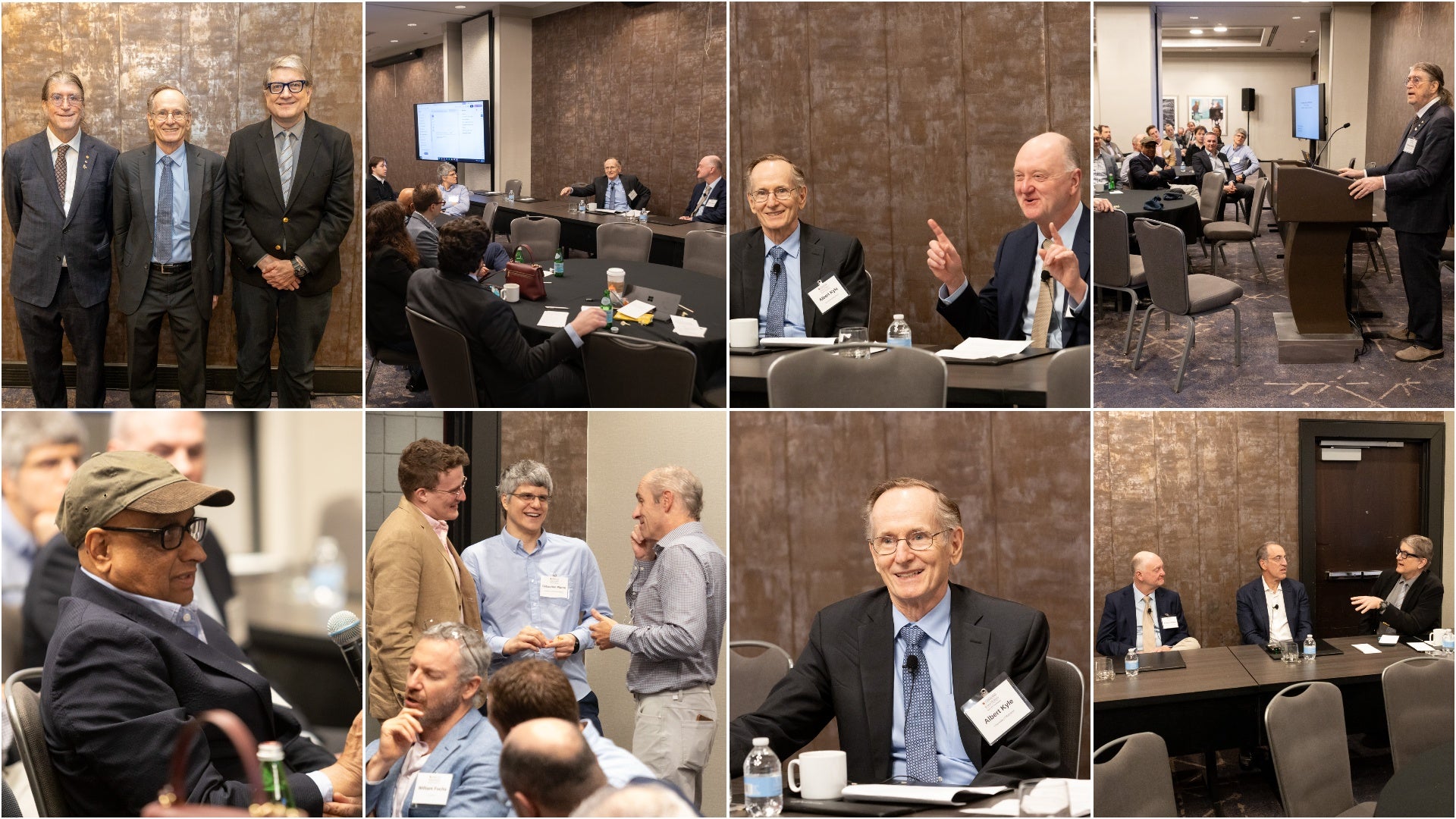 Conference panels and discussions honoring Albert “Pete” Kyle’s 1985 finance paper, with speakers and attendees engaged in presentations and conversation.