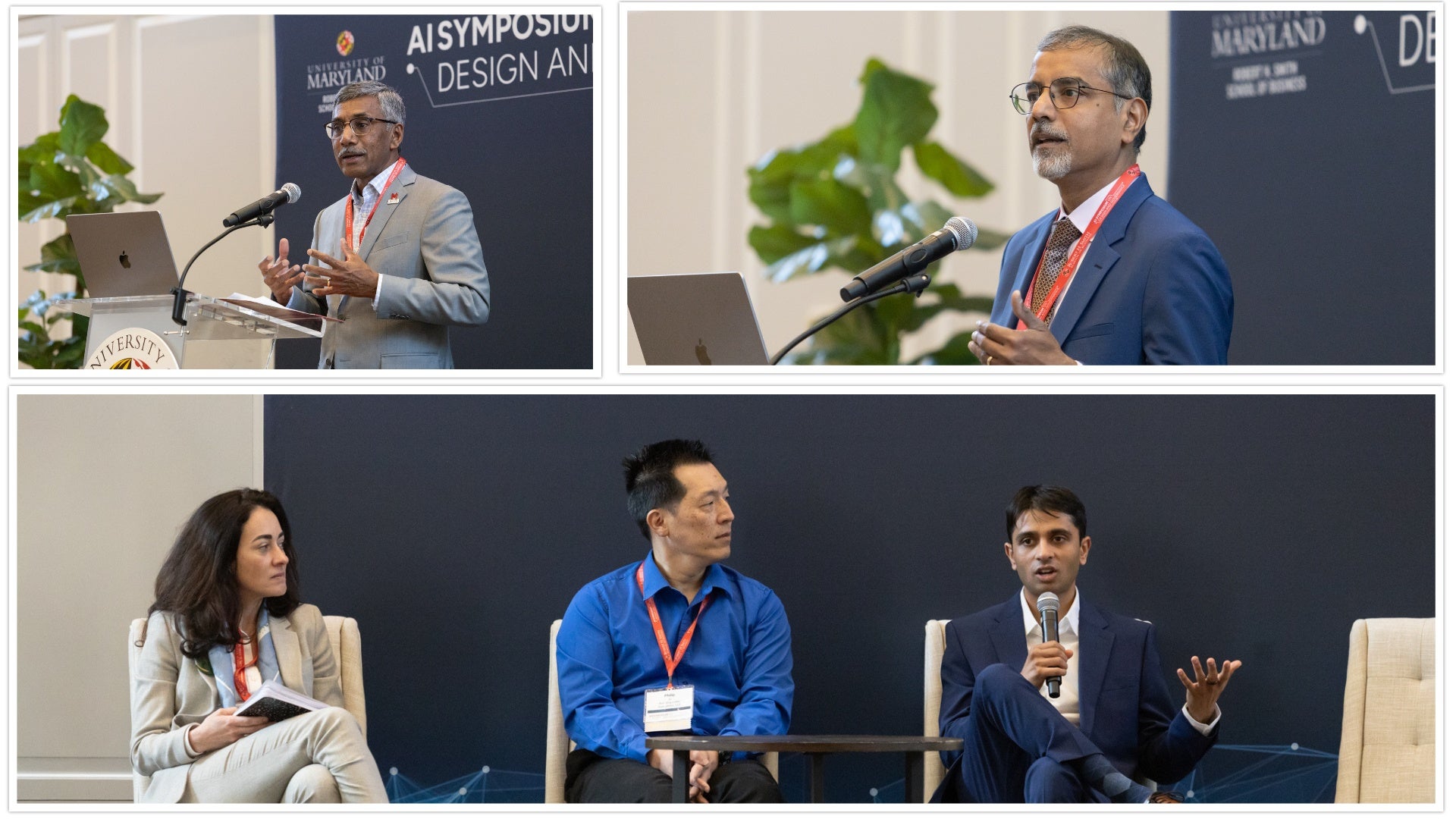 Prabhudev Konana and Balaji Padmanabhan speak at the AI Symposium on Design and Governance, with panelists participating in a discussion below.