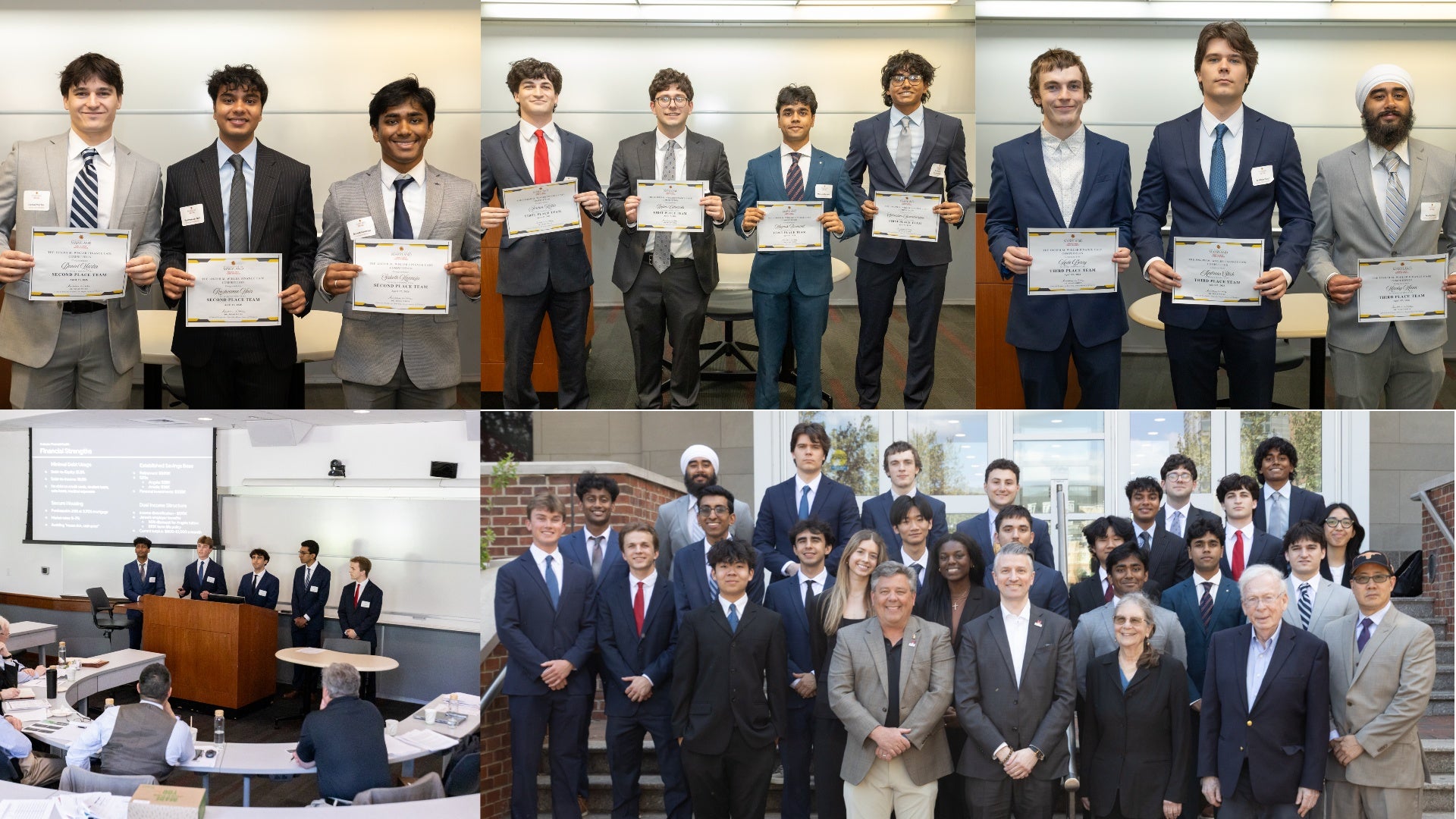 Students present and receive awards at the Smith Wikler Finance Case Competition, posing with certificates and judges in a classroom and group setting.