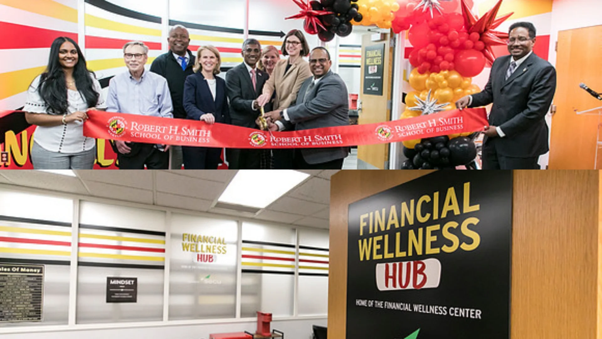 Ribbon-cutting ceremony and interior views of the University of Maryland’s Financial Wellness Hub in McKeldin Library, featuring staff, students and branded signage.