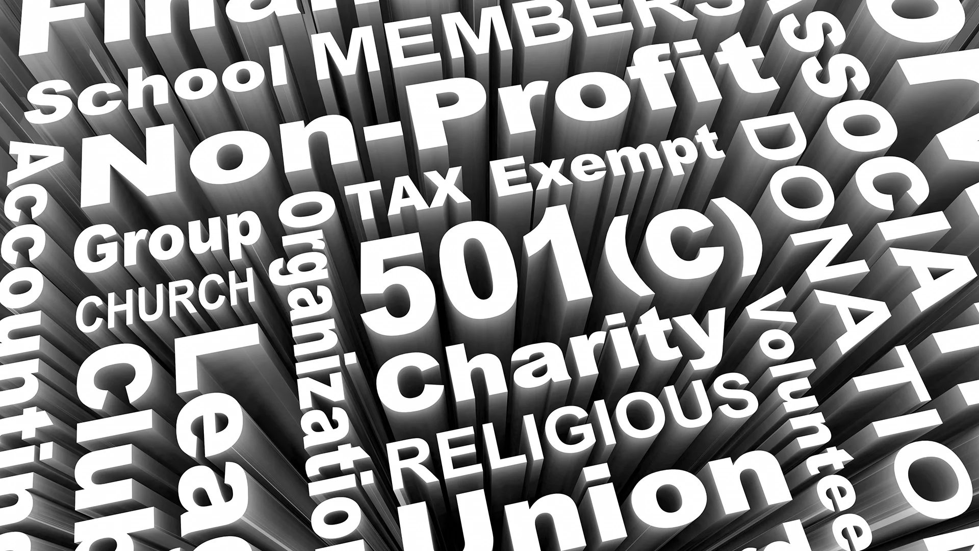 3D text graphic featuring “501(c)(3),” “nonprofit,” “charity” and related tax-exempt terms.