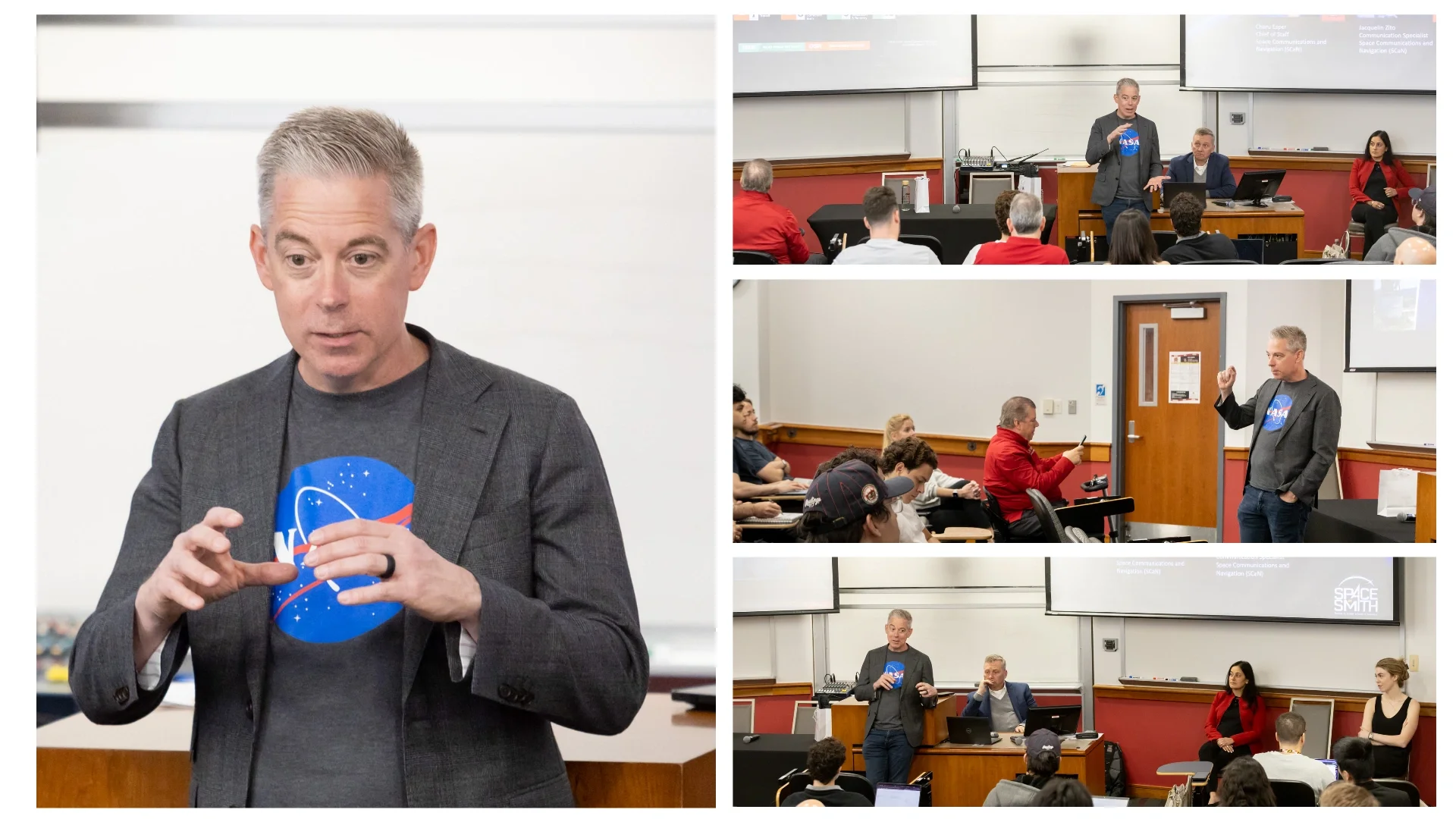 NASA representative speaks to University of Maryland students in a classroom, presenting on space communications and Artemis missions.