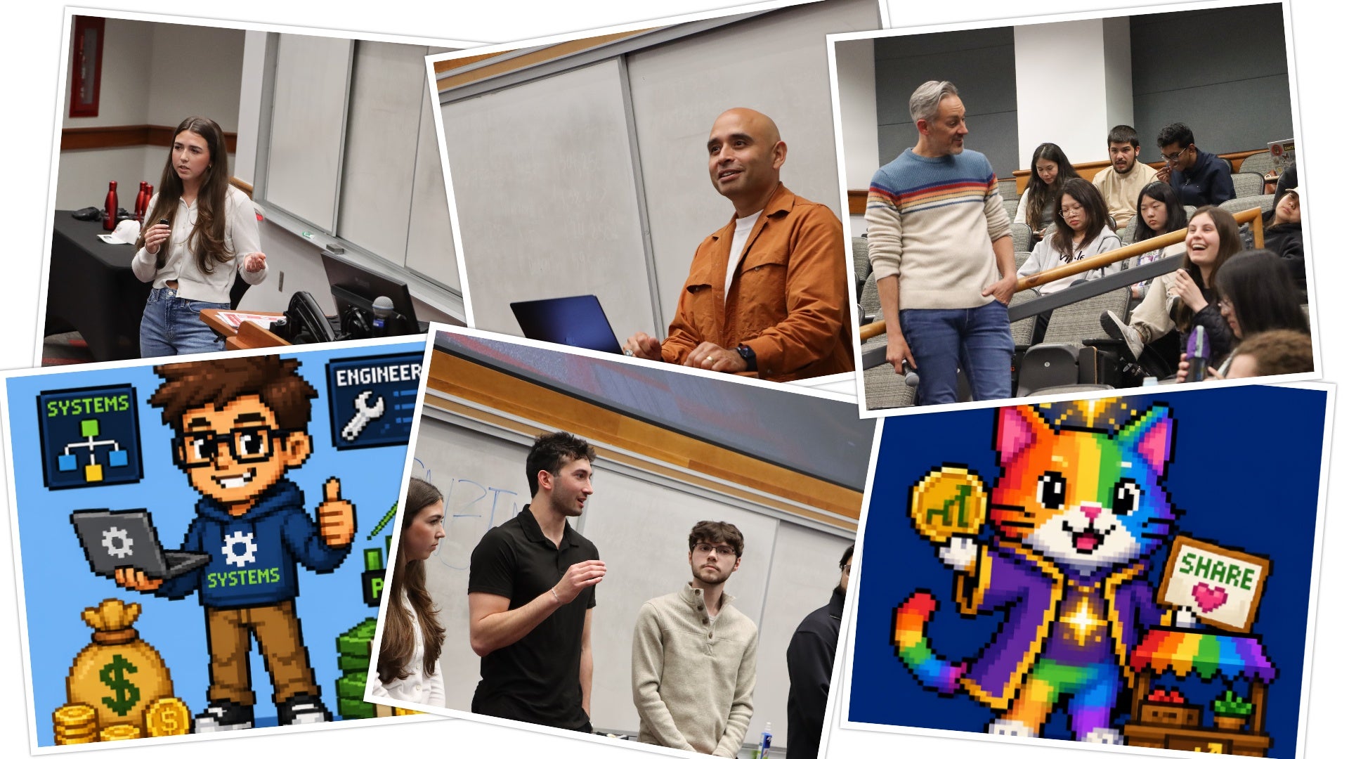 Collage of students and instructors presenting at an AI literacy workshop, alongside playful AI-generated avatars.