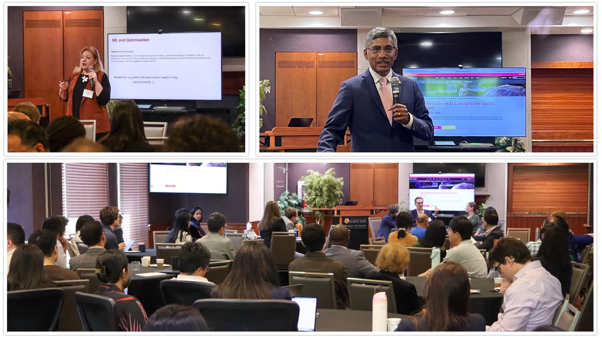 Speakers present AI and analytics research to an audience at a University of Maryland Smith School workshop on social good.
