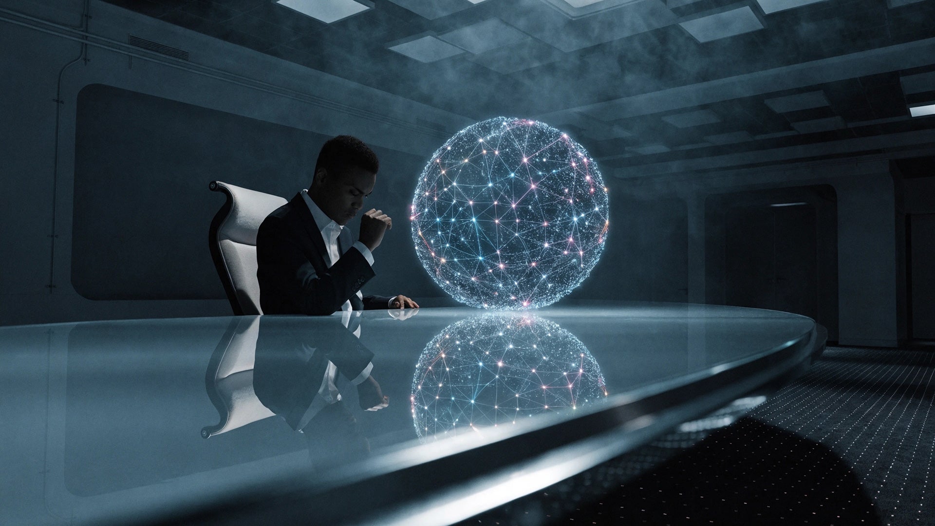 Business professional seated at a conference table studying a glowing AI network sphere in a futuristic boardroom.