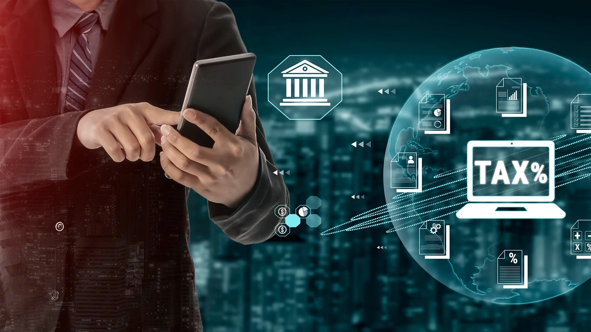 Business professional using a tablet beside digital graphics representing global tax systems, financial documents and online taxation.