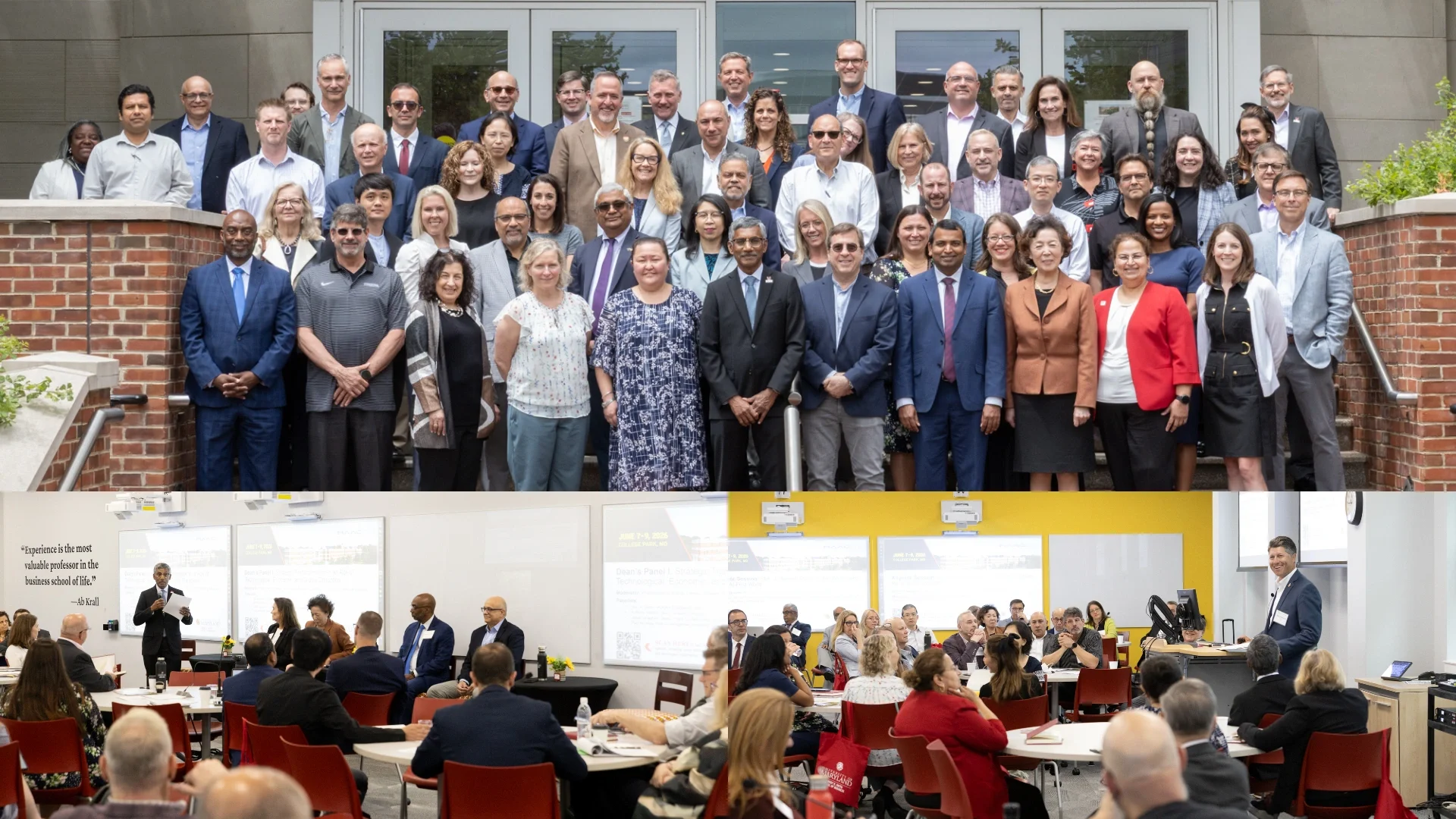 Composite image from the MAACBA Conference at the University of Maryland’s Smith School of Business showing business school leaders gathered for a group photo and attendees participating in conference presentations and panel discussions on the future of business education.