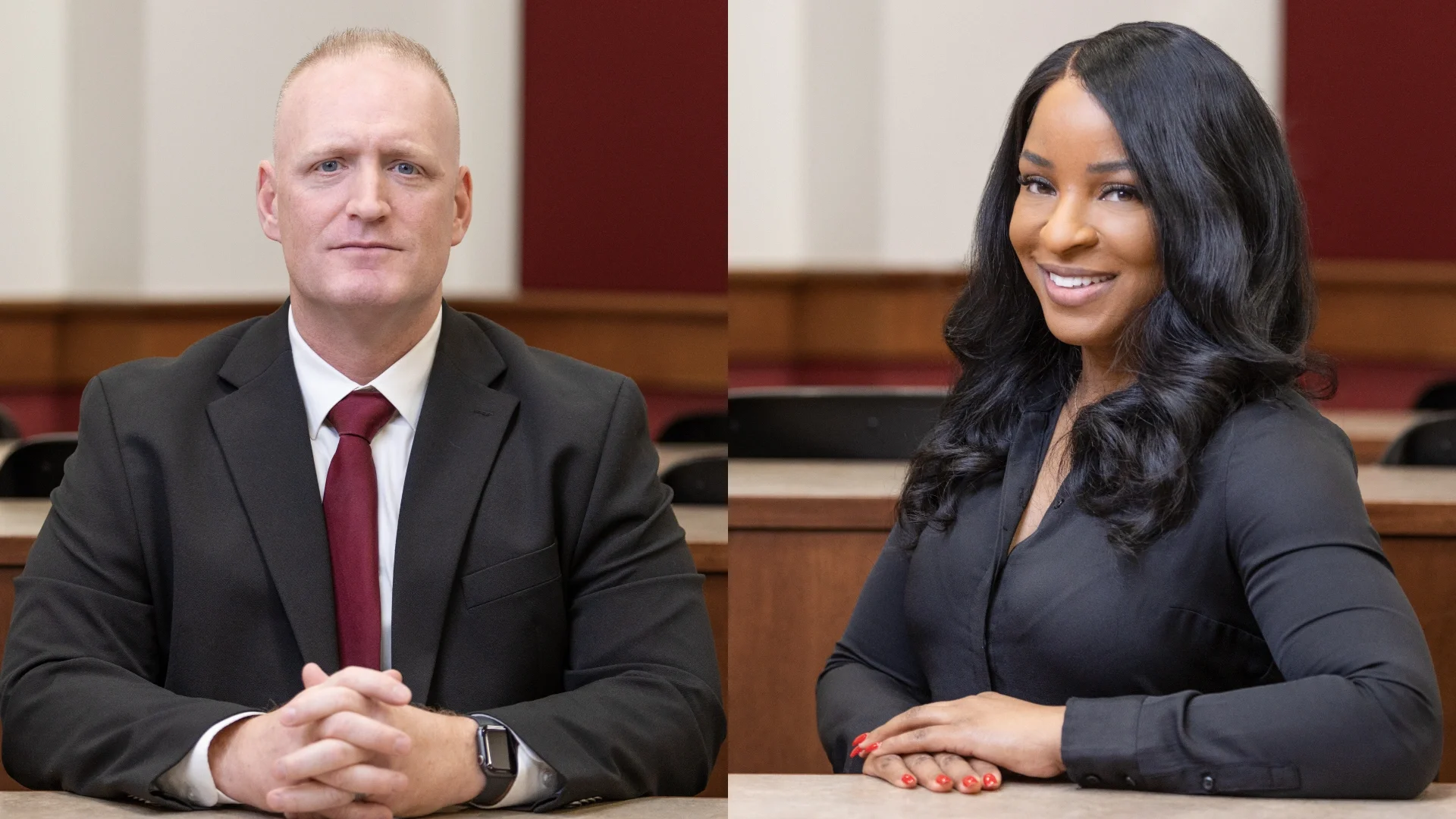**Alt text:** Composite portrait of the first graduates of the University of Maryland Robert H. Smith School of Business Doctor of Business Administration program. Brendan Dunne sits at a classroom desk wearing a dark suit, white shirt and red tie. Takesha Brown sits at a similar desk wearing a black blouse, smiling toward the camera.