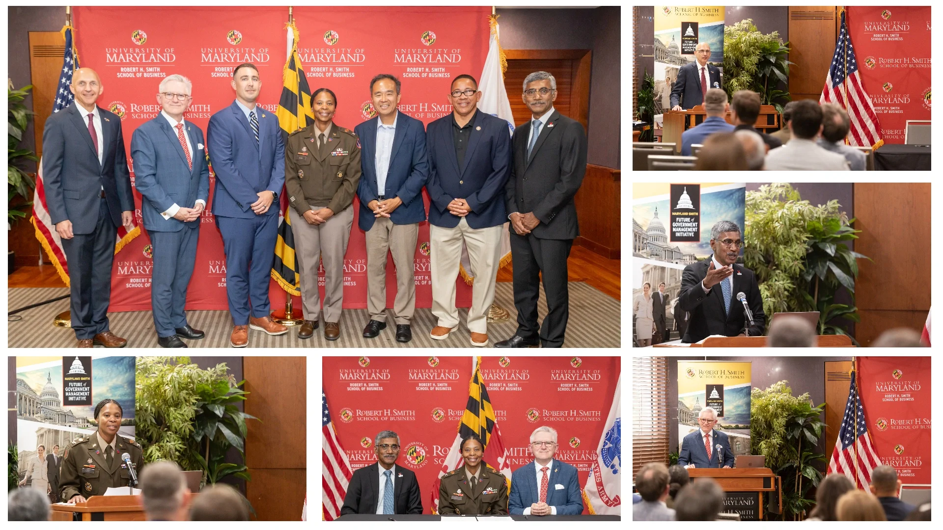 Photos from the University of Maryland and Fort Meade intergovernmental support agreement announcement, featuring group photos and speakers at a podium, including Fort Meade Garrison Commander Yolanda Gore and university leaders, before UMD Smith School and U.S. flags.