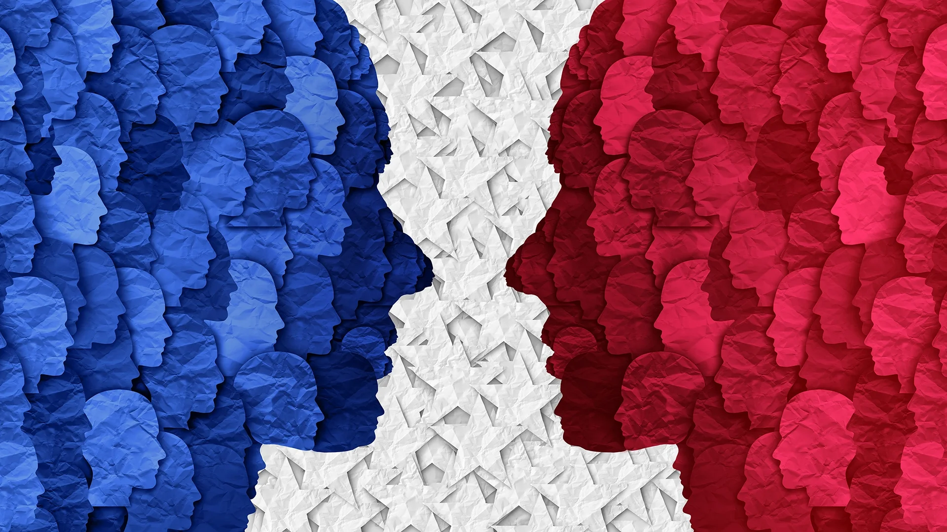 Blue and red silhouettes of people face each other, symbolizing political division and partisan segregation in American workplaces.