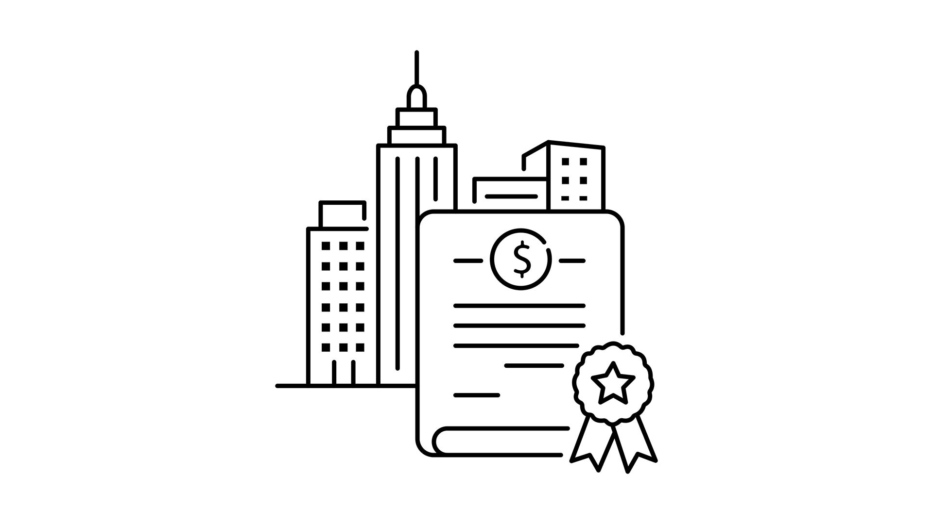 Black-and-white line illustration of buildings behind a financial document with a dollar symbol and award ribbon, representing municipal infrastructure financing and investment.