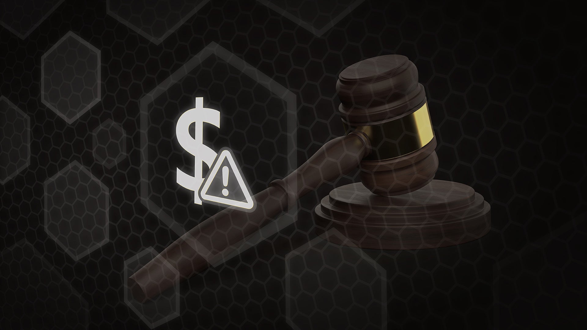 Illustration of a judge’s gavel beside a dollar sign and warning symbol on a dark hexagonal background.