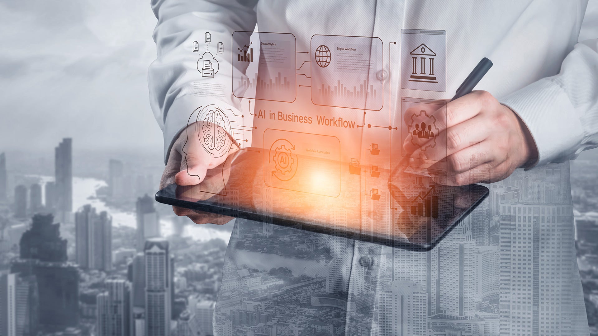 Person using a tablet with overlaid graphics representing artificial intelligence, data analytics and business automation.