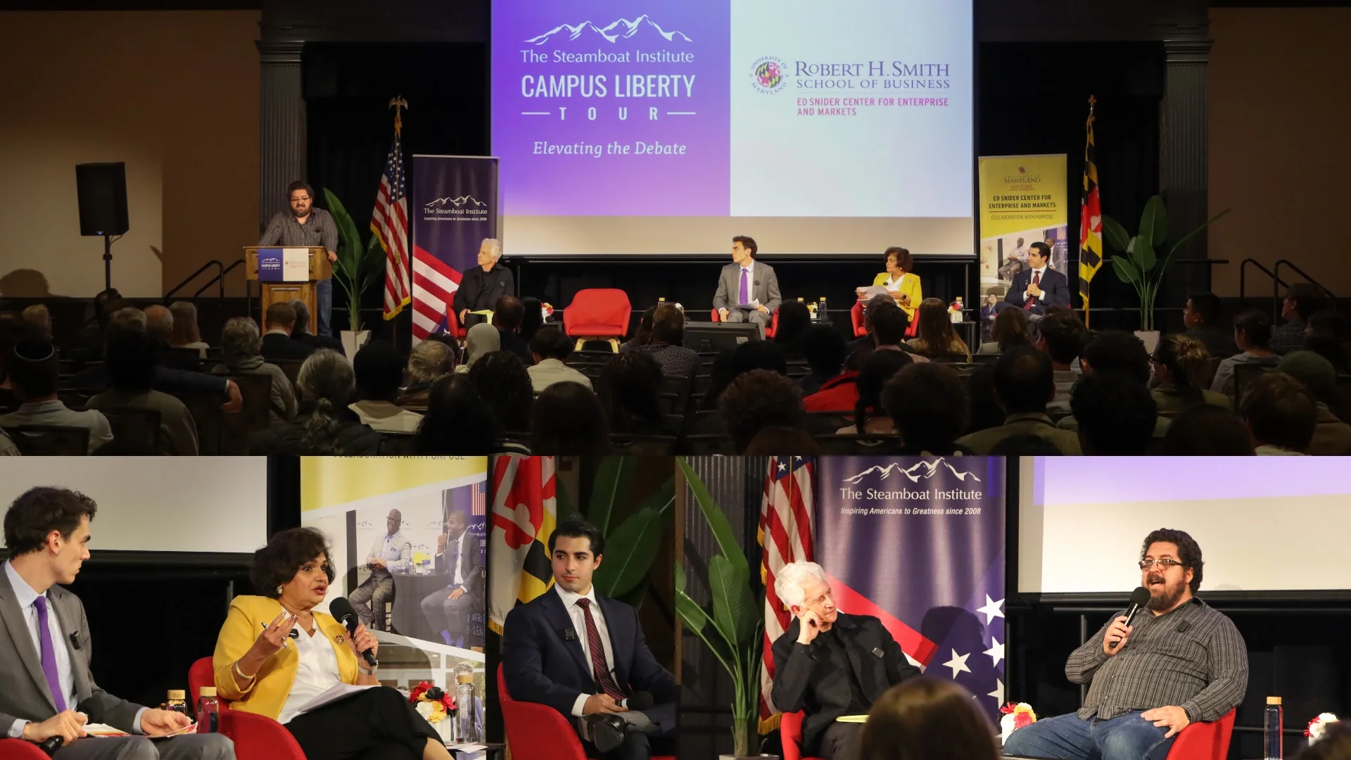 Photo collage of speakers addressing an audience during a debate on capitalism and socialism hosted by UMD’s Snider Center and the Steamboat Institute.